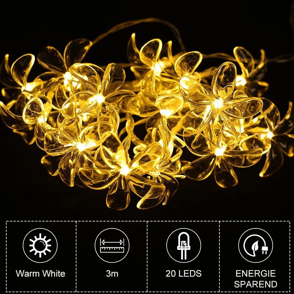 Cadena de Luces LED de Flores de Cerezo 3M 20 Bombillas Impermeable Guirnalda Decorativa Blanco Cálido