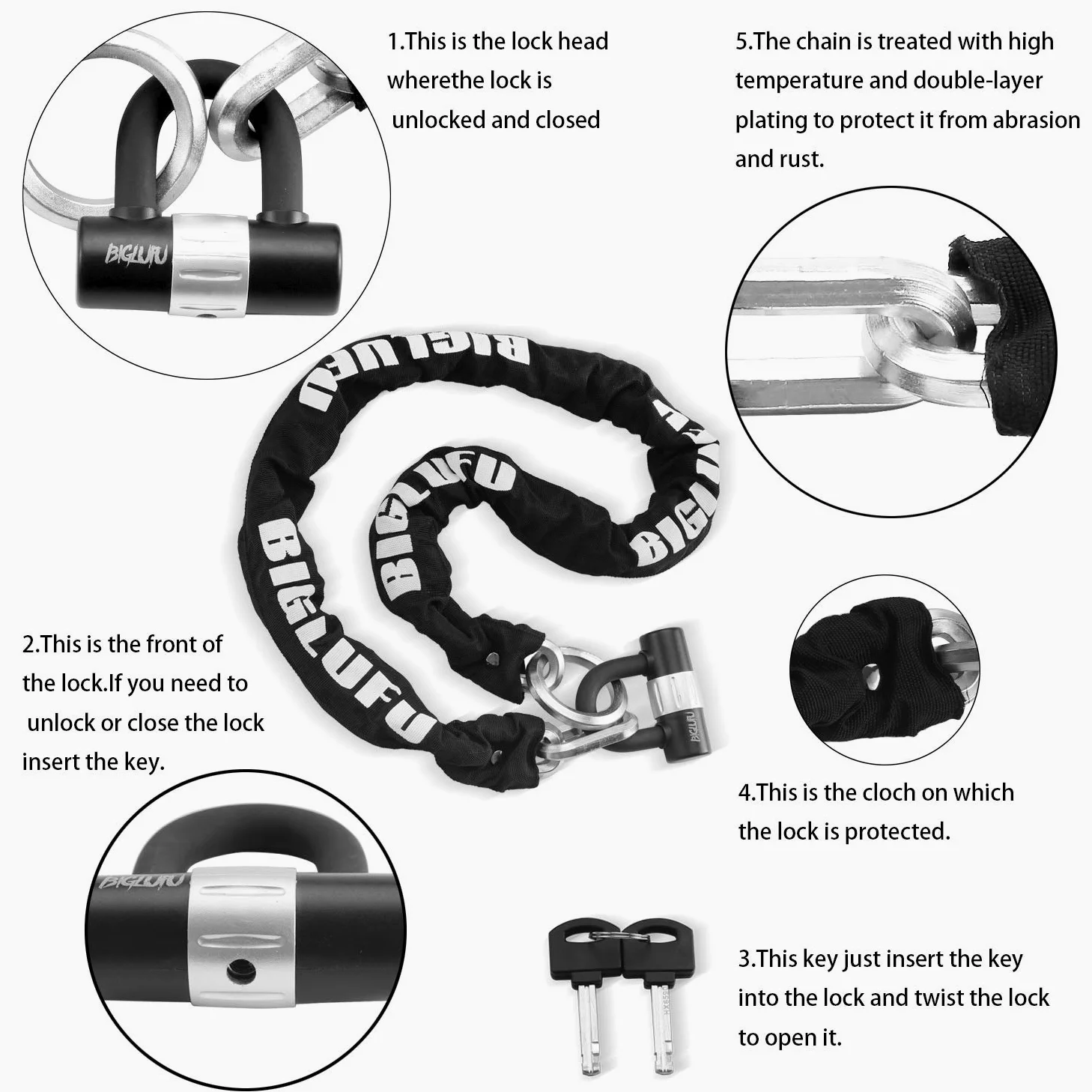 Candados de cadena para motocicleta con 4 llaves de 16 mm, cadena larga resistente de 150 cm, cadenas a prueba de cortes de 12 mm de grosor, ideal para motocicletas, motocicletas, bicicletas