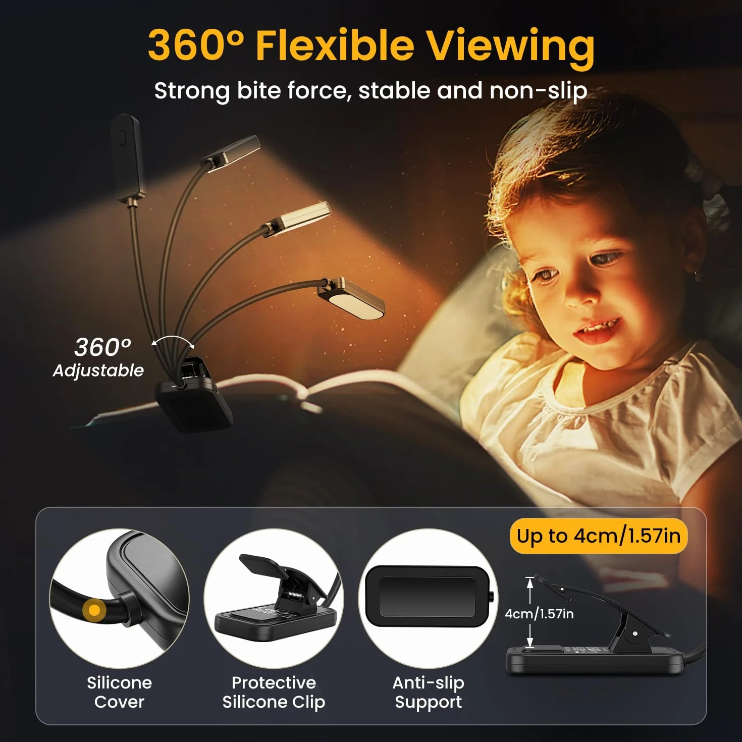 Luz de Lectura USB Recargable 10 LED 3 Colores Atenuación Continua 360° Flexible Protección Ojos Larga Duración