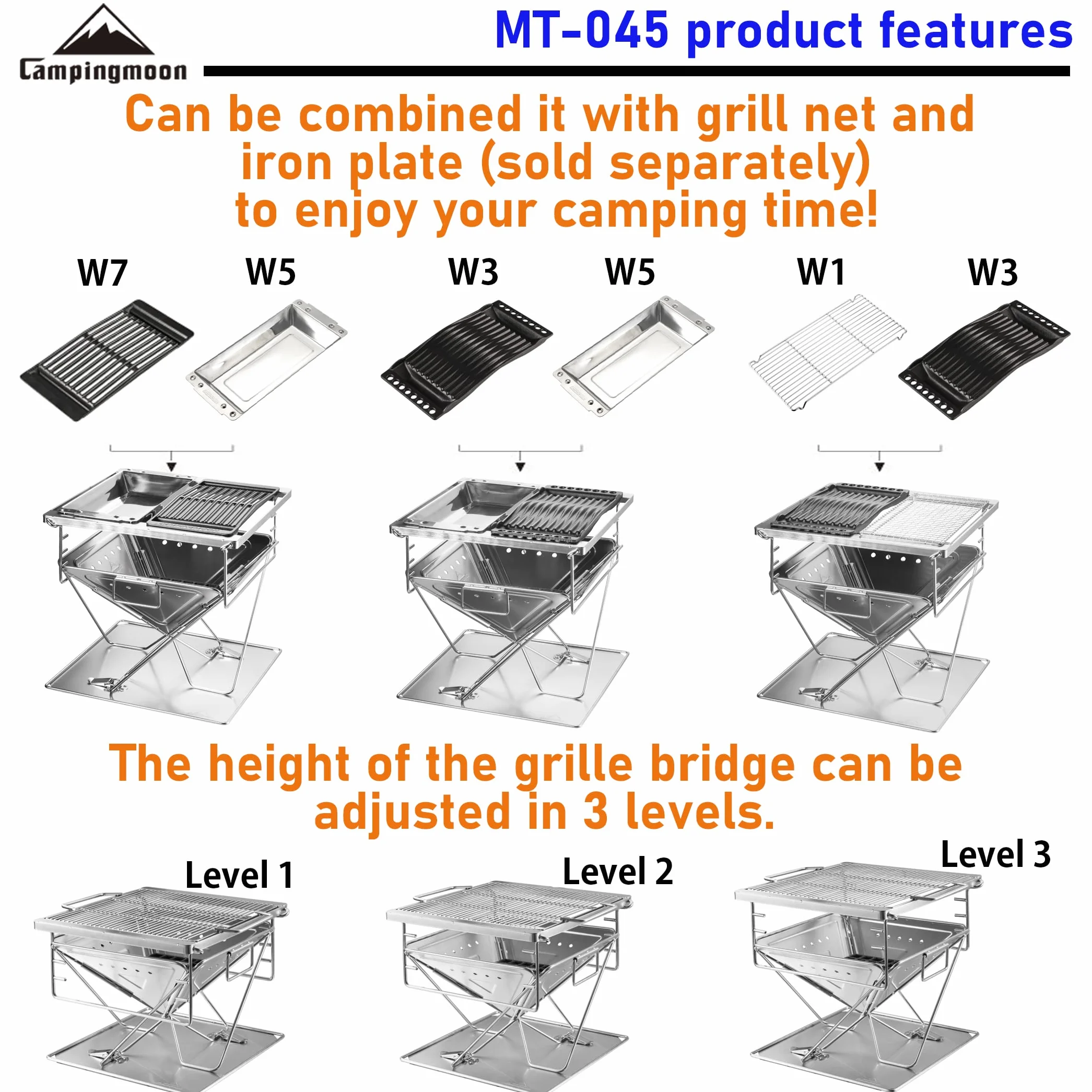 Campingmoon MT-045 - Parrilla plegable de acero inoxidable para barbacoa