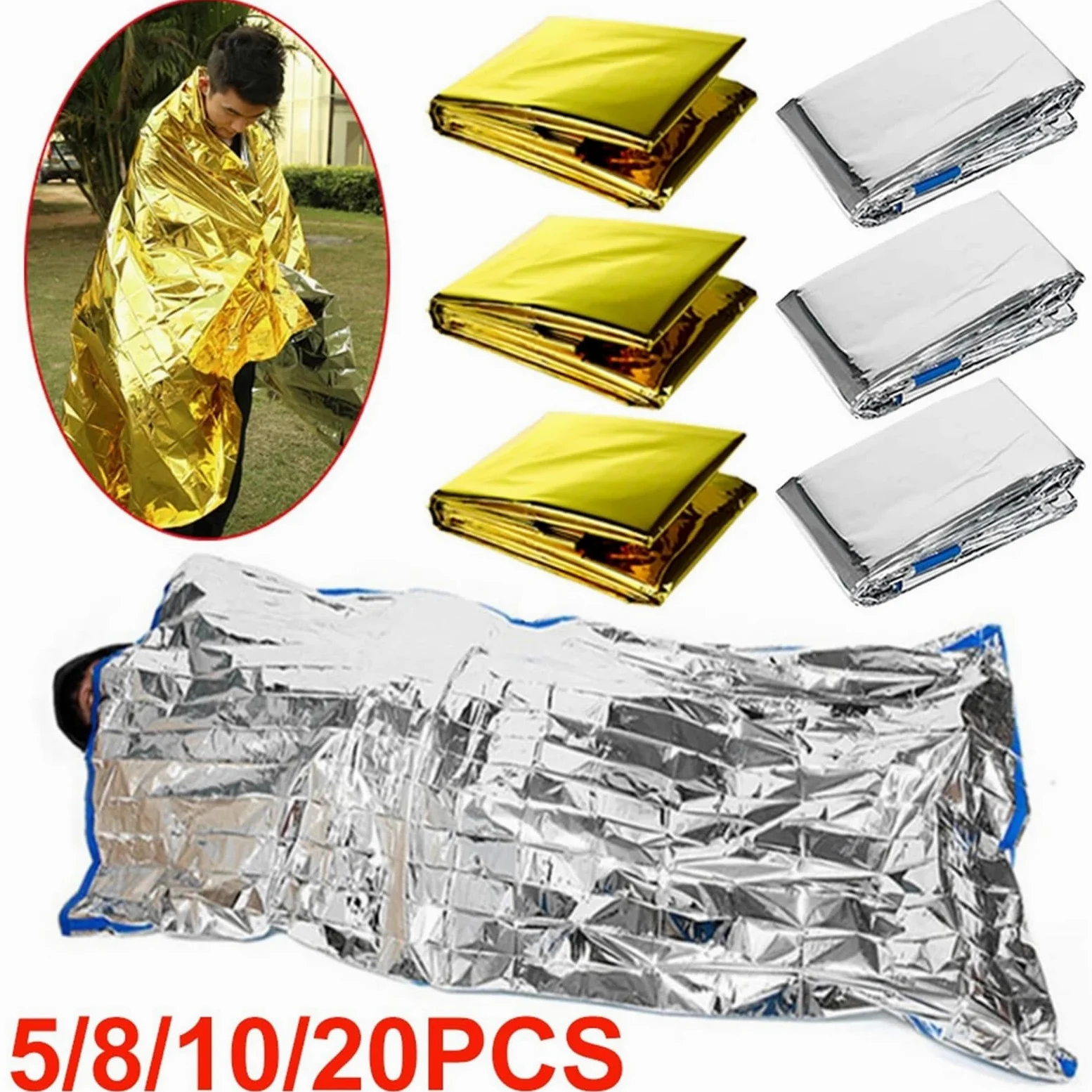 Kit de Primeros Auxilios de Rescate a Baja Temperatura for Exteriores, Manta Aislante, Saco de Dormir, Estera Salvavidas con película de poliéster for Mantener el Campamento(Blanket 30PCS)