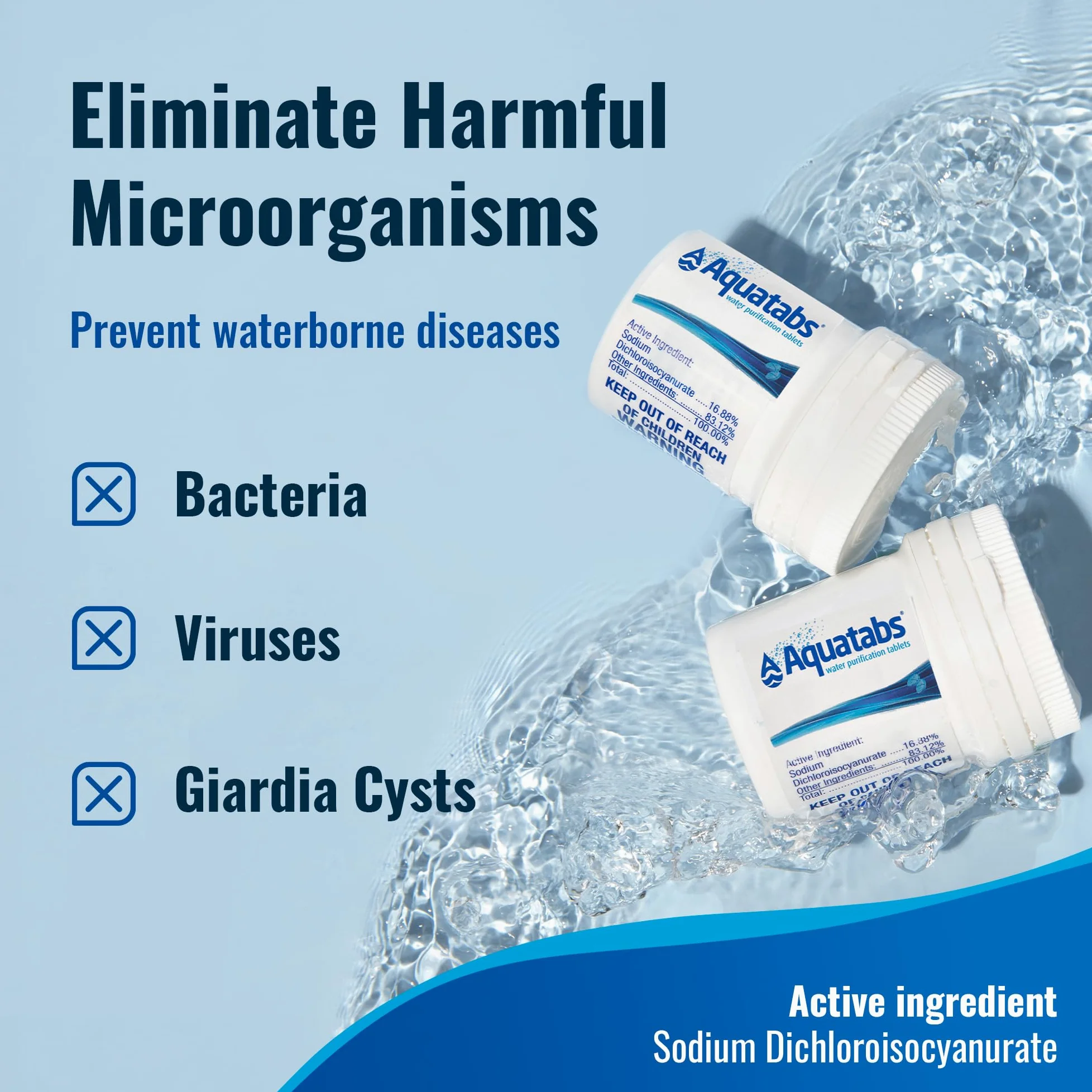 Aquamarine Water Solutions - Kit esencial de agua potable - 100 tabletas de purificación de agua Aquatabs + 50 tiras de prueba de cloro - para tanques de barco y RV