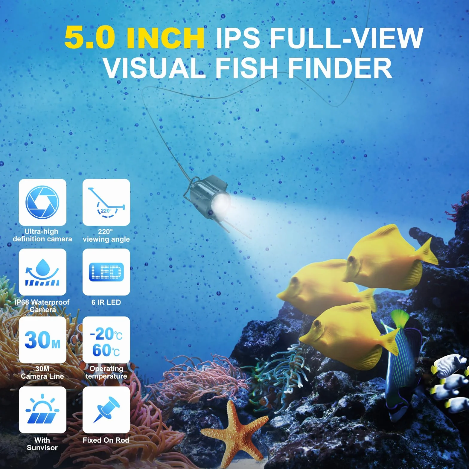 Cámara subacuática de pesca con pantalla IPS de 5 pulgadas, cámara de búsqueda de peces, visión nocturna infrarroja de 220°, visión nocturna infrarroja, resistente al agua, cámara bajo el agua para