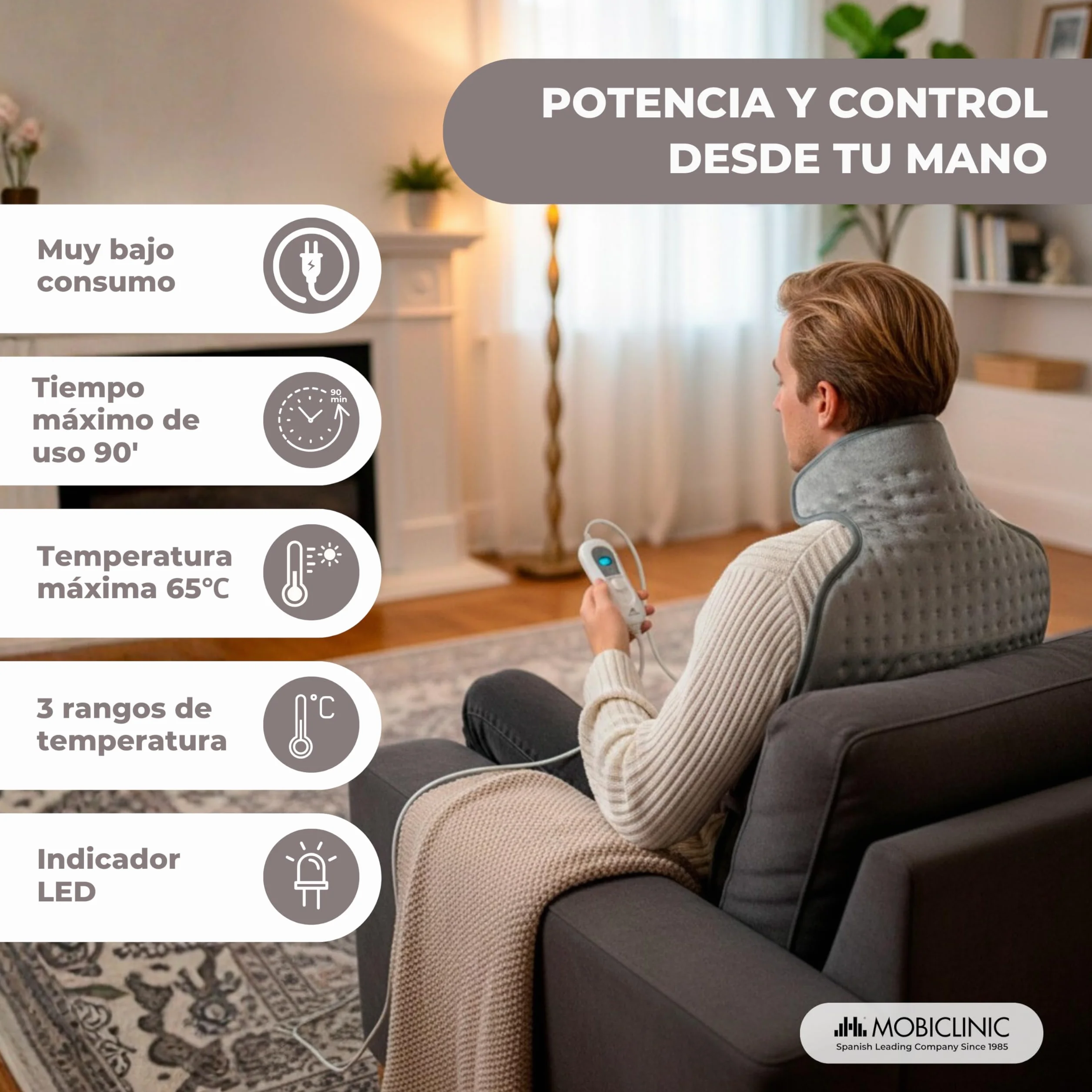 Mobiclinic Almohadilla eléctrica dorsal cervical 62x43 100W 3 niveles calor Apagado automático Lavable