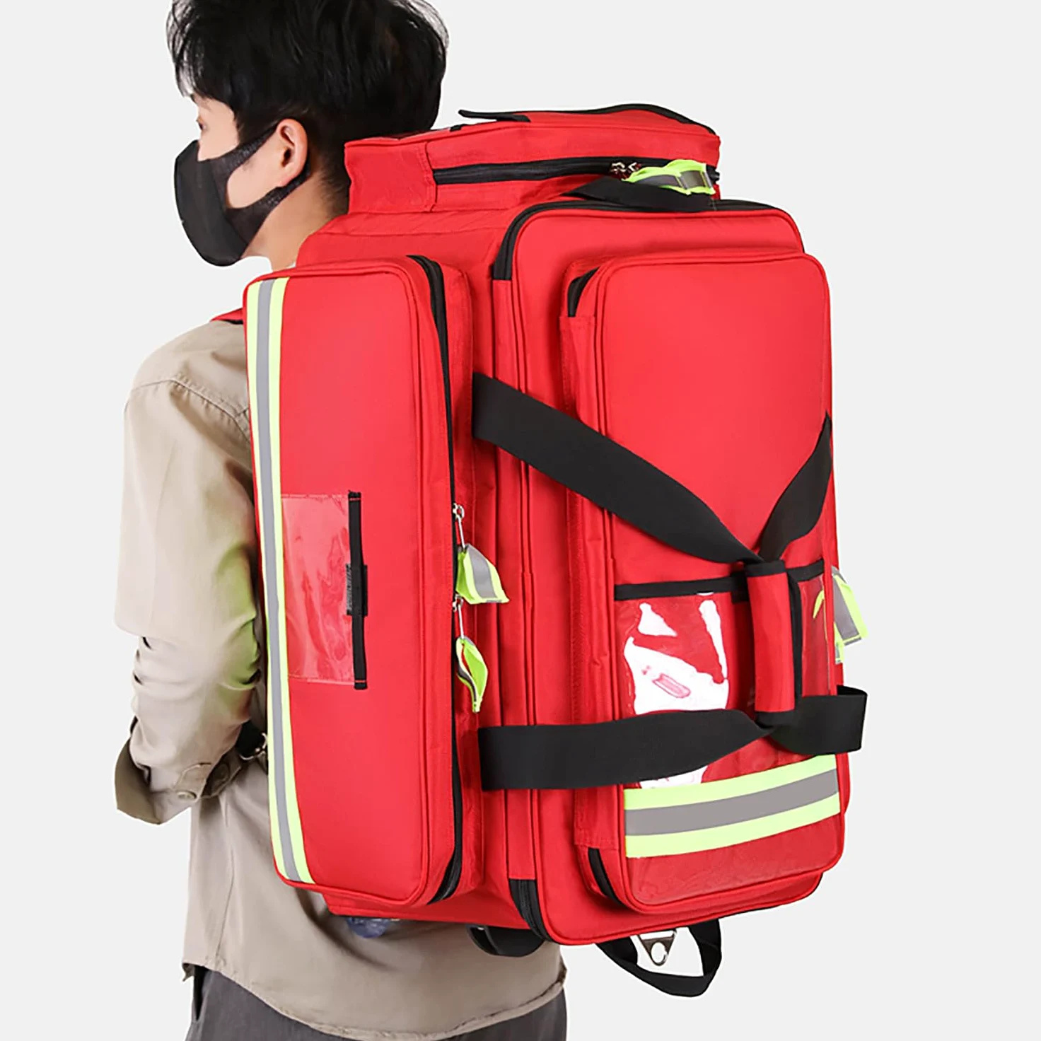 First Responder - Bolsa de transporte de gran capacidad con ruedas, bolsa de lona portátil para tanque de oxígeno, vacía con compartimentos, bolsa para botiquín de primeros auxilios al aire libre