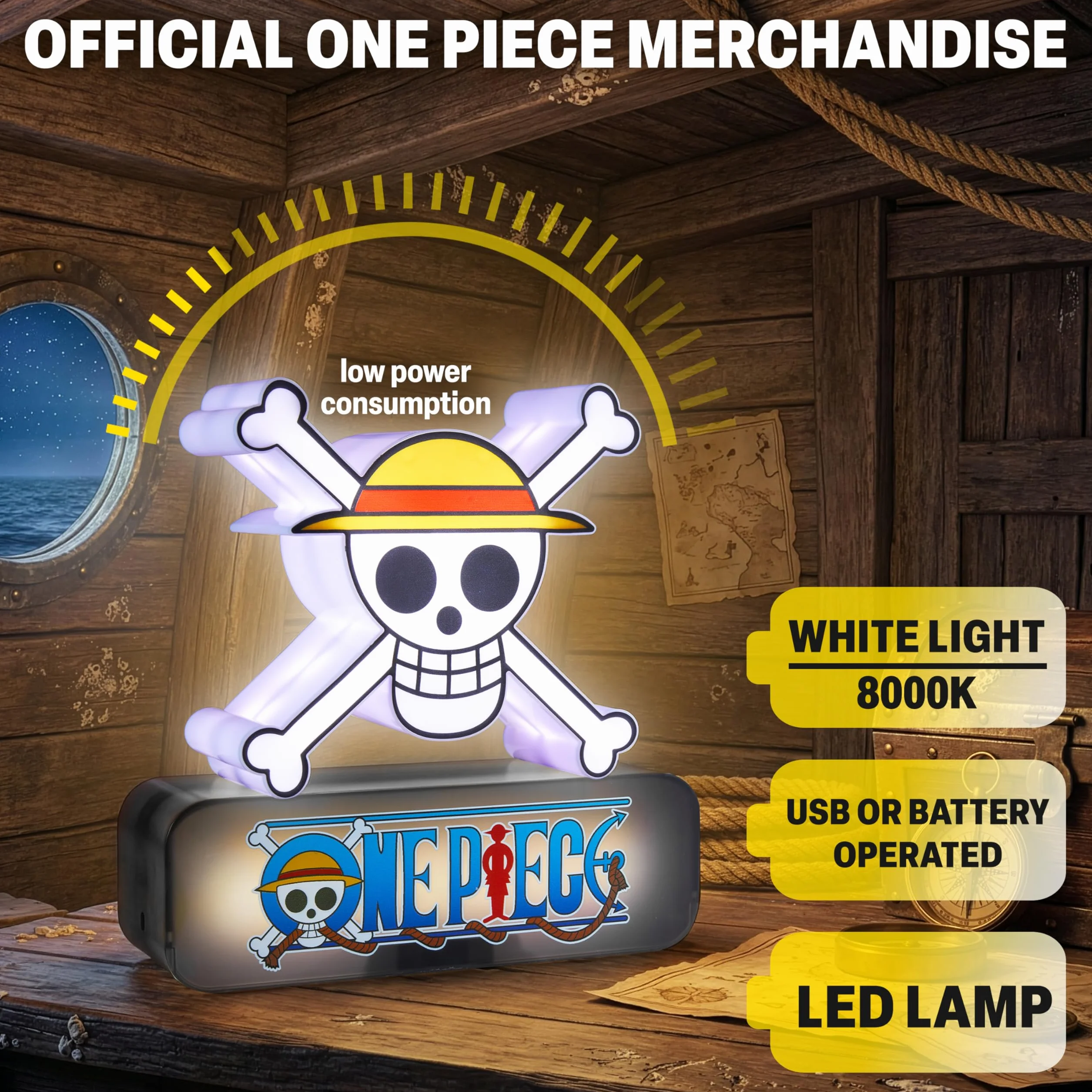 One Piece Skull Lámpara LED 3D, Luz Nocturna con 3 Niveles de Brillo, USB-C o Pilas, Decoración Habitación Manga, Regalo Anime