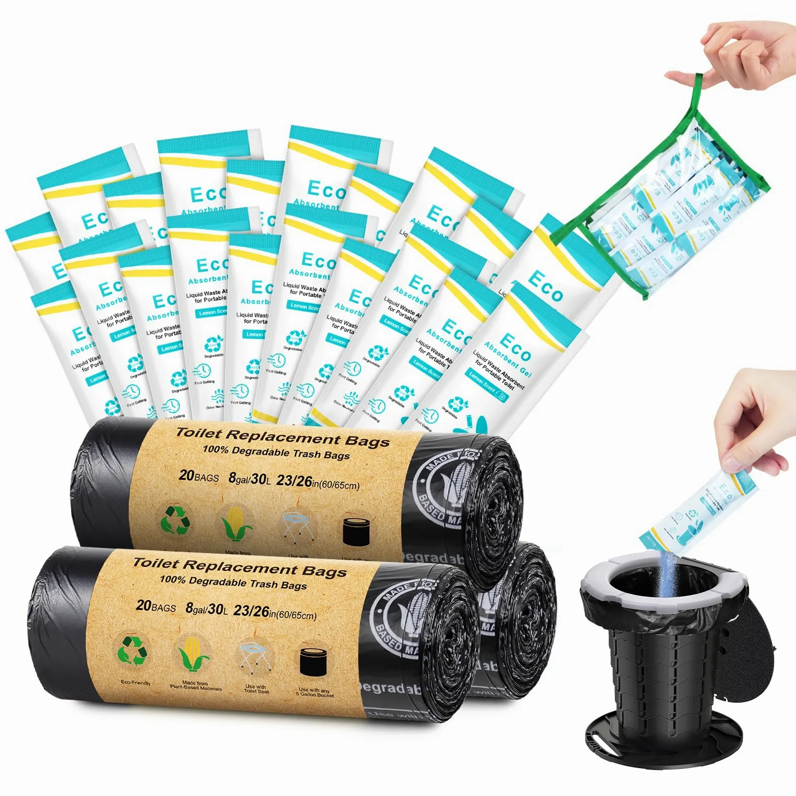 BLIKA Juego de bolsas de inodoro de gel ecológico para camping, bolsas de inodoro portátiles con gel, 8 galones, 30 litros, resistentes 1 mil, bolsas de repuesto para inodoro con polvo de inodoro para
