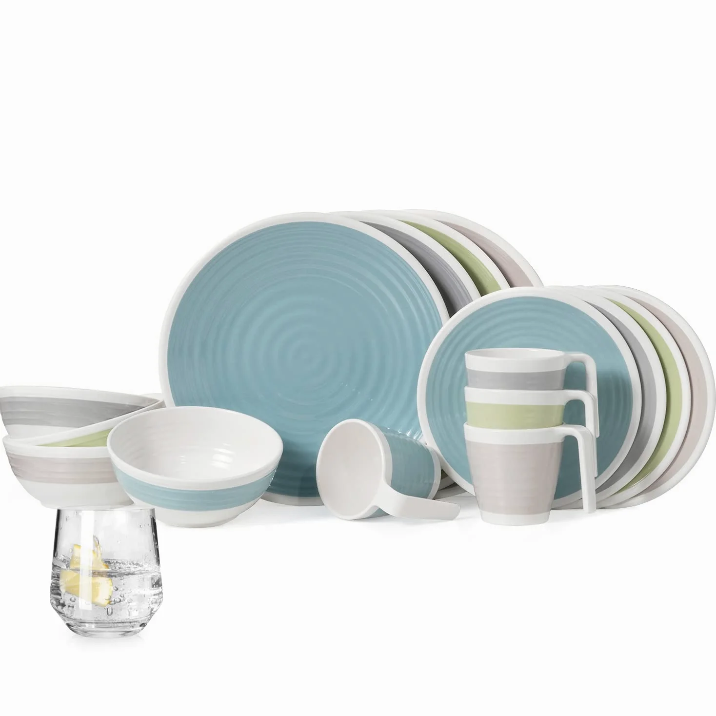 Vajilla de melamina para camping, 4 personas, armonía, 16 piezas + 4 vasos Milano de vasos de agua, vajilla de pícnic, barbacoa