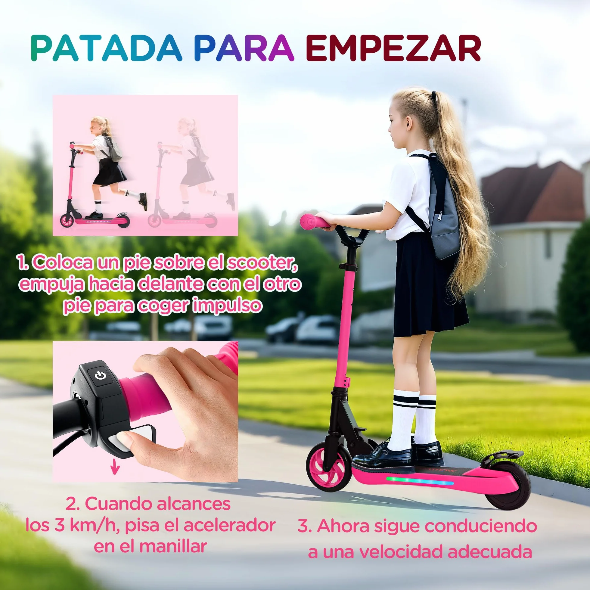 SPORTNOW Patinete Eléctrico Plegable MAX 10 KM/H Patín Eléctrico de +6 Años Motor 120 W Autonomía 6 KM Ruedas de 5" - 5,5" Freno Posterior Altura Ajustable Luces LED y Marco de Aluminio