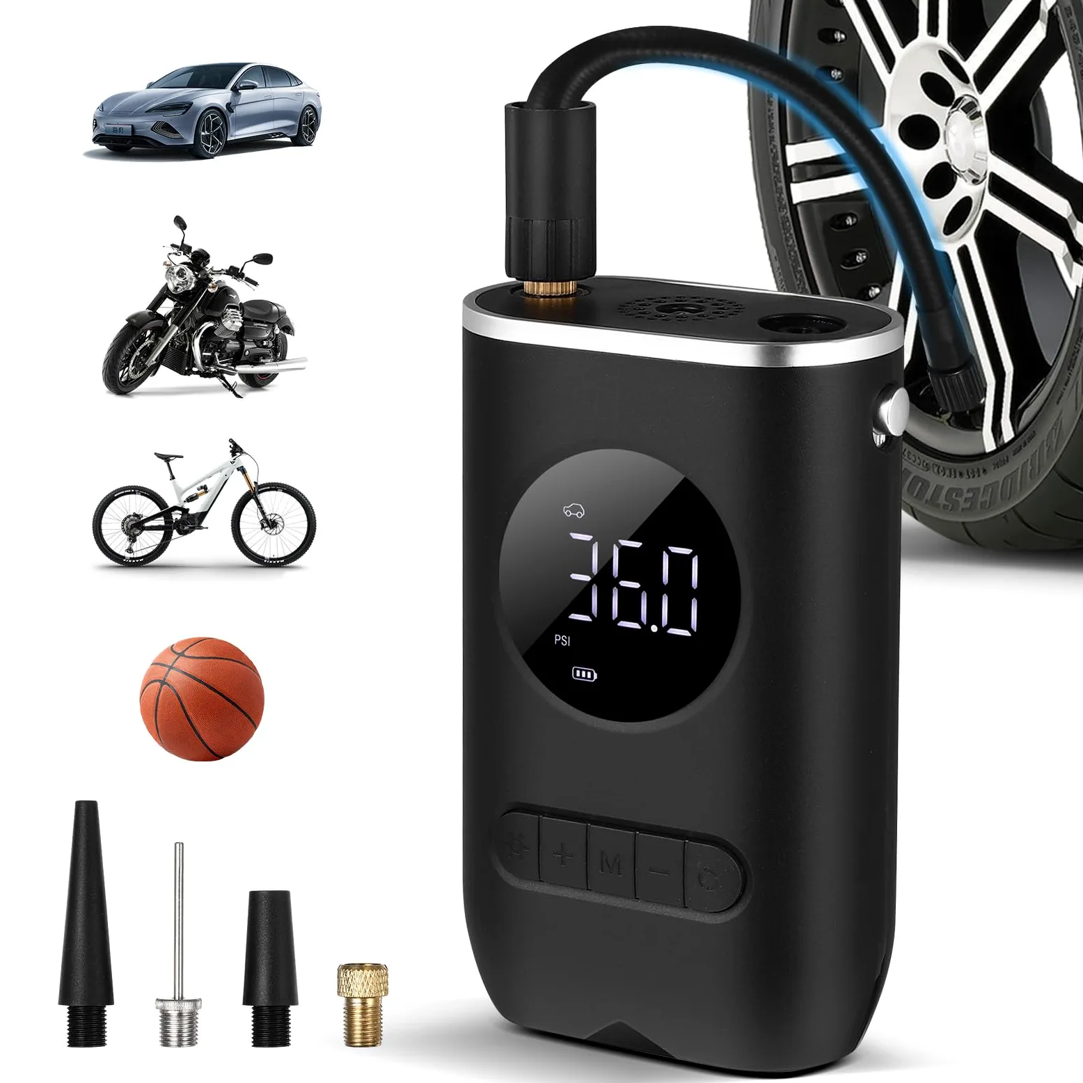 ibasenice Inflador 4v 7, Portátil Neumáticos de 4000mah Eléctrico Negro | Abs y Componentes Electrónicos, 70w Cuatro Modos, Pantalla Digital LED y Boquillas Cable