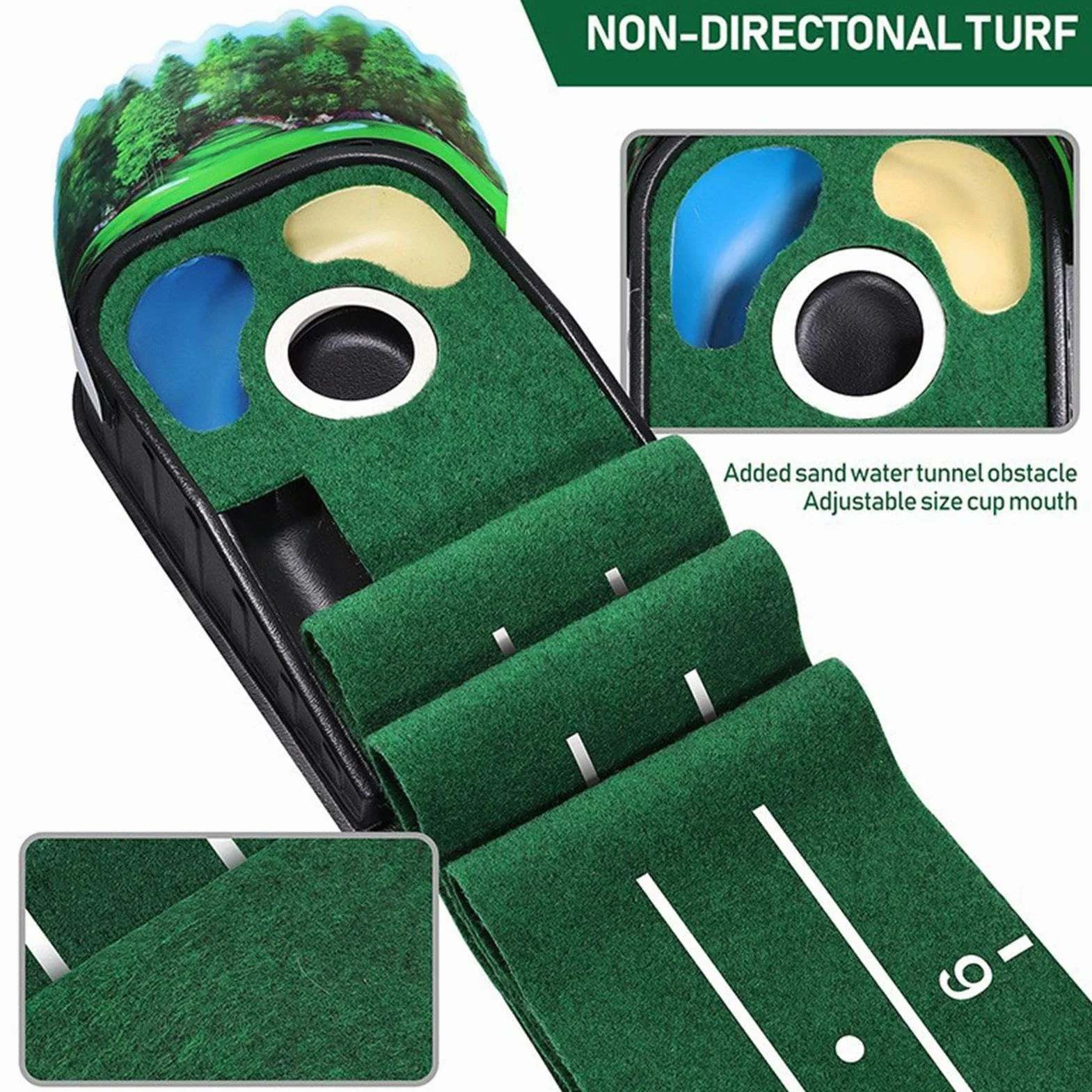 Putting Green Mat, Golf Putting Mat | Estera de golf - Alfombra de terciopelo lujosa con base de madera maciza con retorno automático de bola, accesorios de golf para uso en interiores y exteriores pa