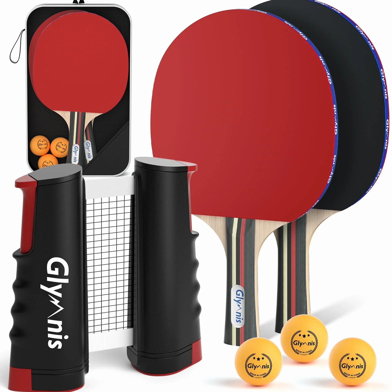 Glymnis Juego de Tenis de Mesa portátil con Red retráctil, Bates y Pelotas de Ping Pong de 3 Estrellas, Bolsa de Almacenamiento, Kit Todo en uno Premium