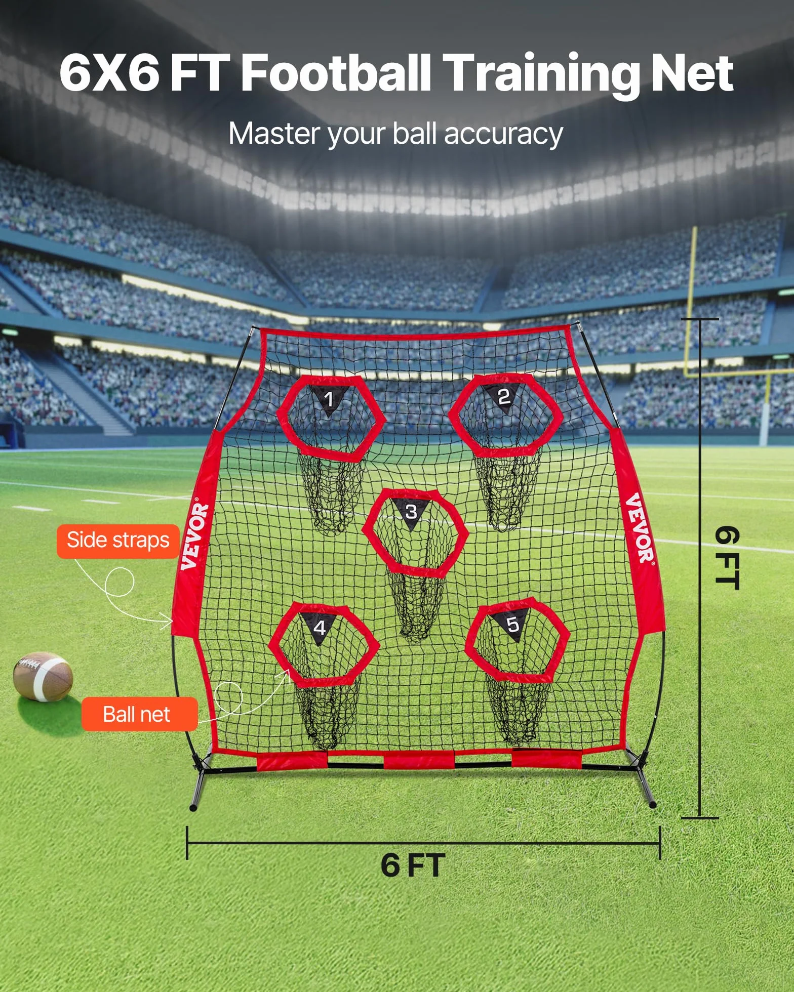 VEVOR Red de Lanzamiento para Entrenadores de fútbol, 1,8 x 1,8 m, Red de Entrenamiento con 5 Bolsillos para Diana, Red sin Nudos con Correas y Bolsa de Transporte, Mejora la precisión de Lanzamiento