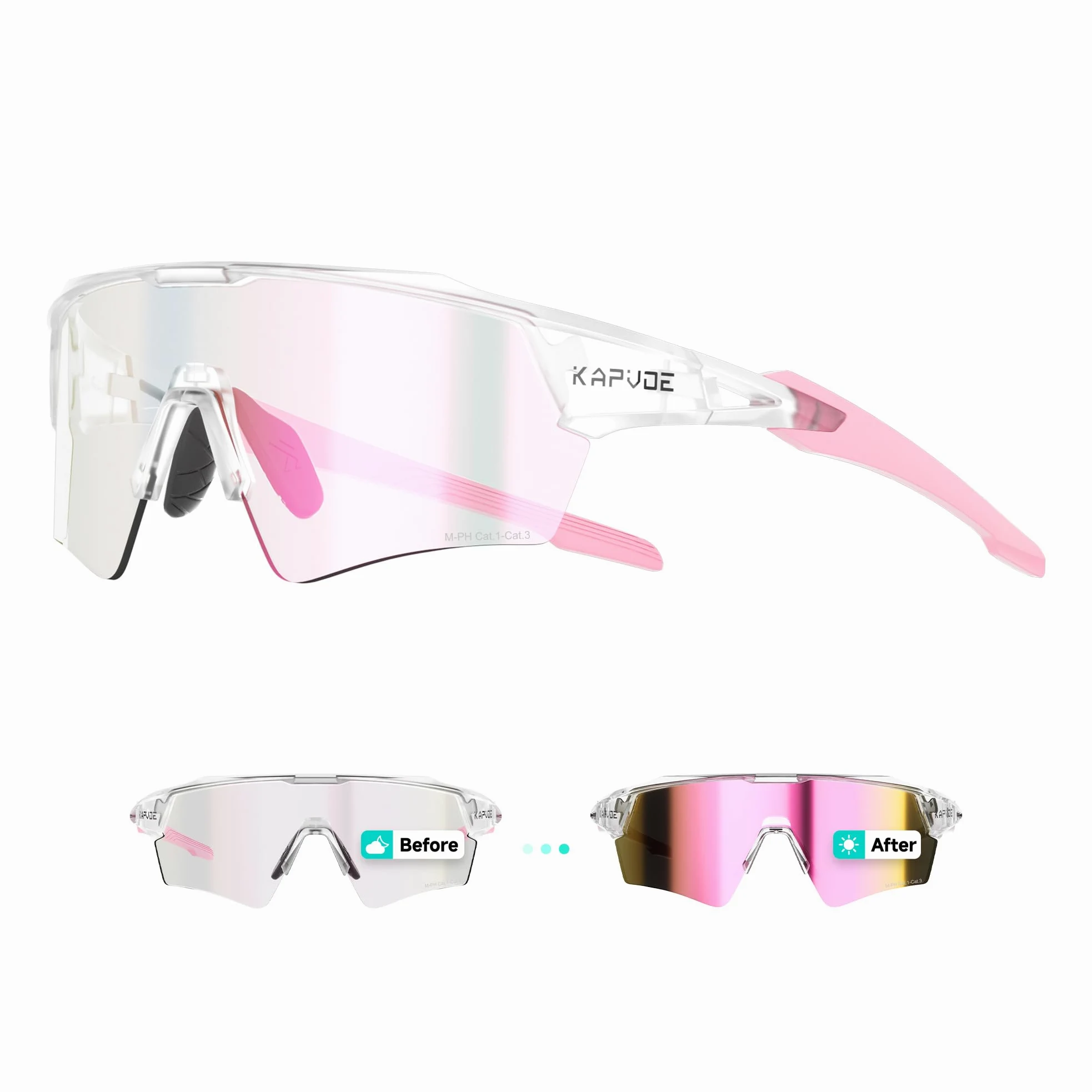 KAPVOE Gafas de Ciclismo Fotocromáticas UV400 TR90 Hombre Mujer K198 | Transición fotocromática, UV400, diseño de media montura, patillas con núcleo metálico