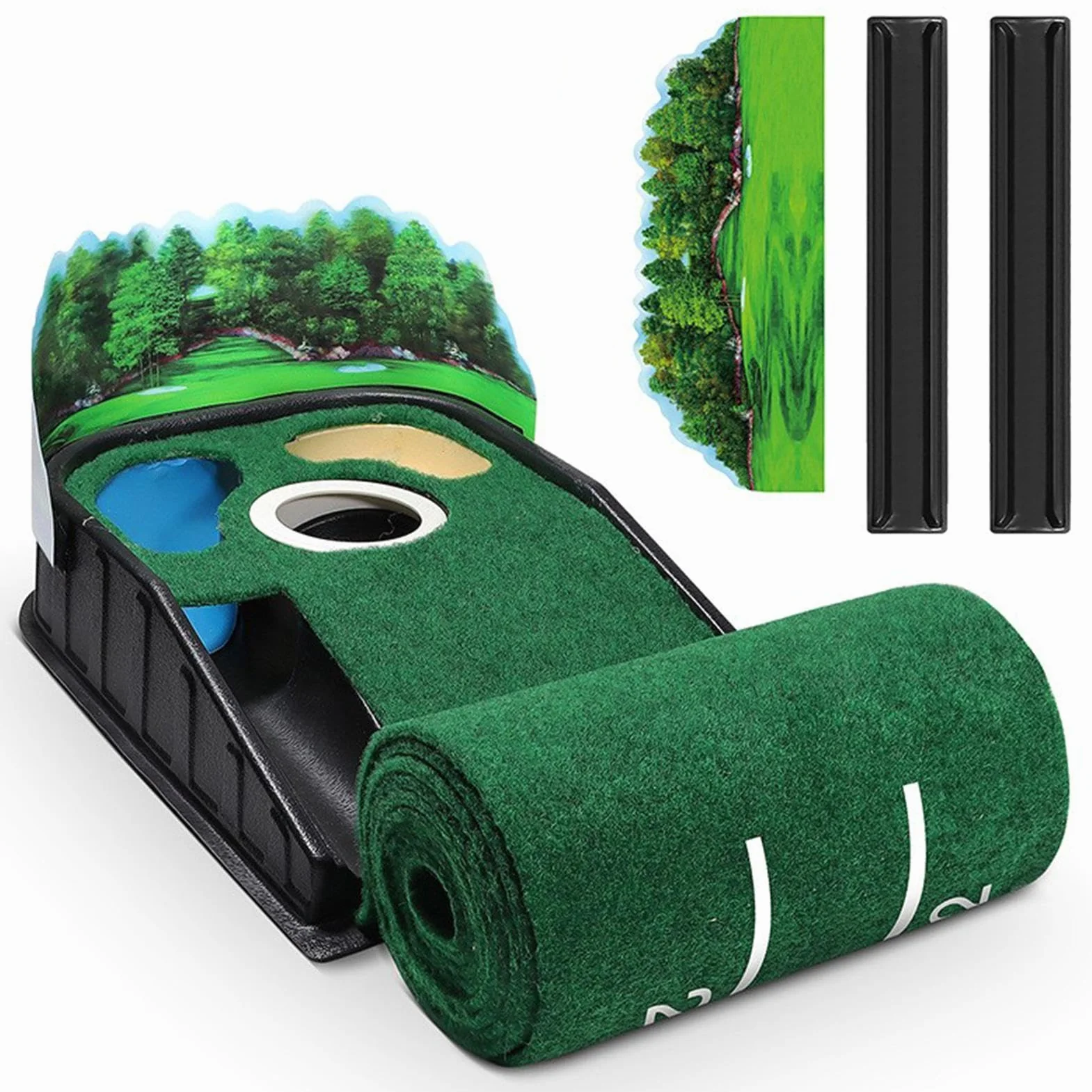 Putting Green Mat, Golf Putting Mat | Estera de golf - Alfombra de terciopelo lujosa con base de madera maciza con retorno automático de bola, accesorios de golf para uso en interiores y exteriores pa