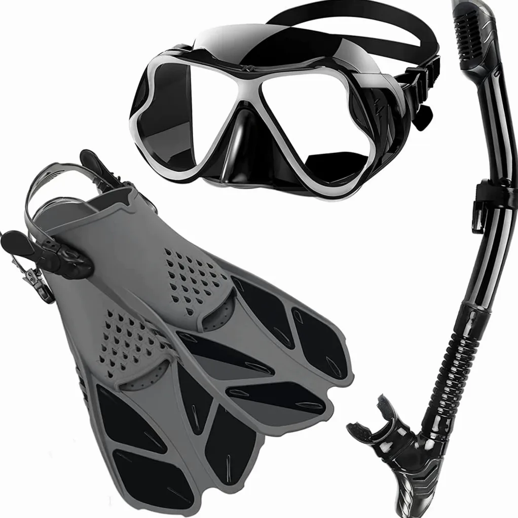 Máscaras de Buceo Profesionales + Tubo de respiración + Aletas, Juego de esnórquel, Gafas de natación antivaho de Silicona para Adultos, máscara de esnórquel,Negro,L/XL
