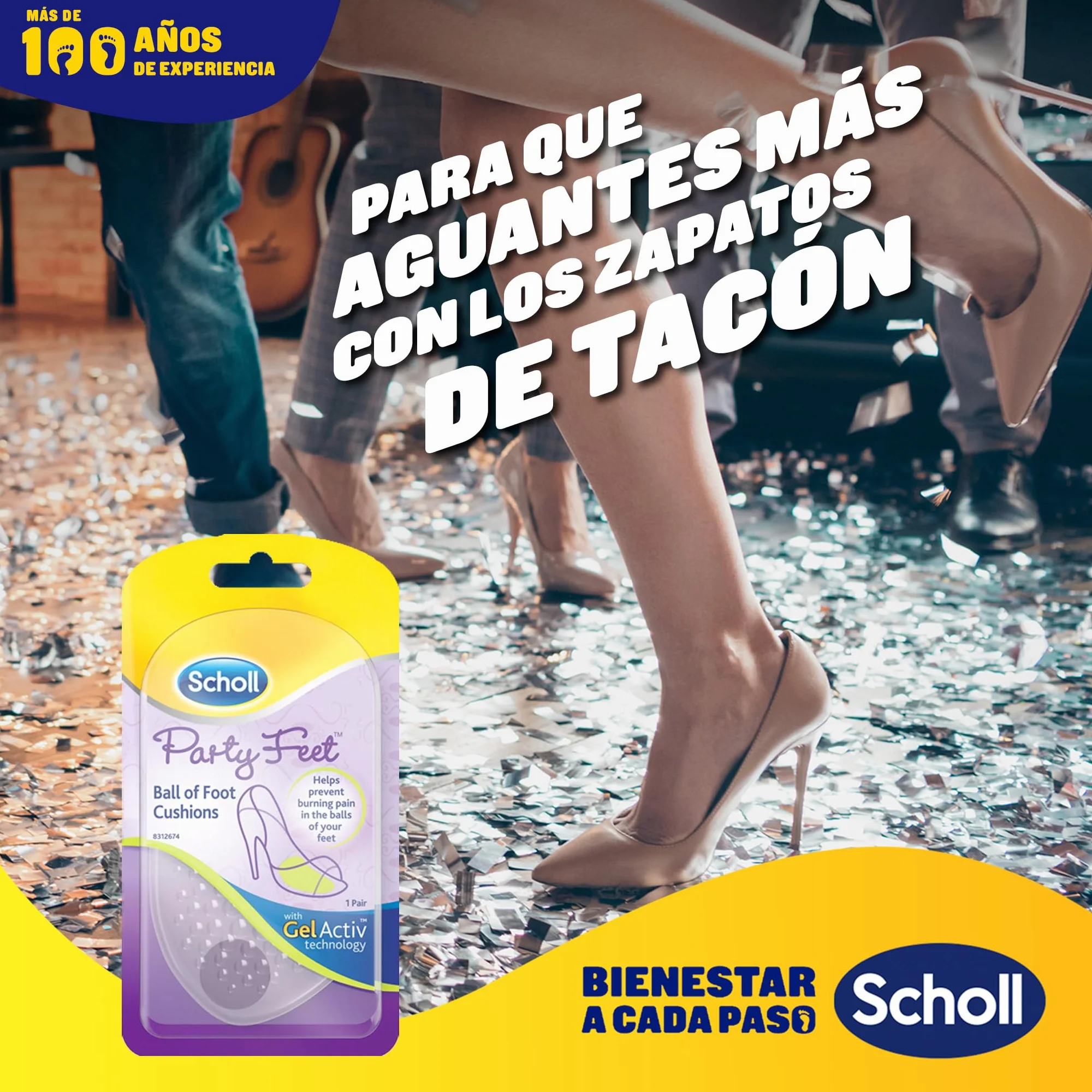 Scholl Party Feet Almohadillas Plantares Gel Activ, Amortiguación Protección Planta Pie, 2 Unidad