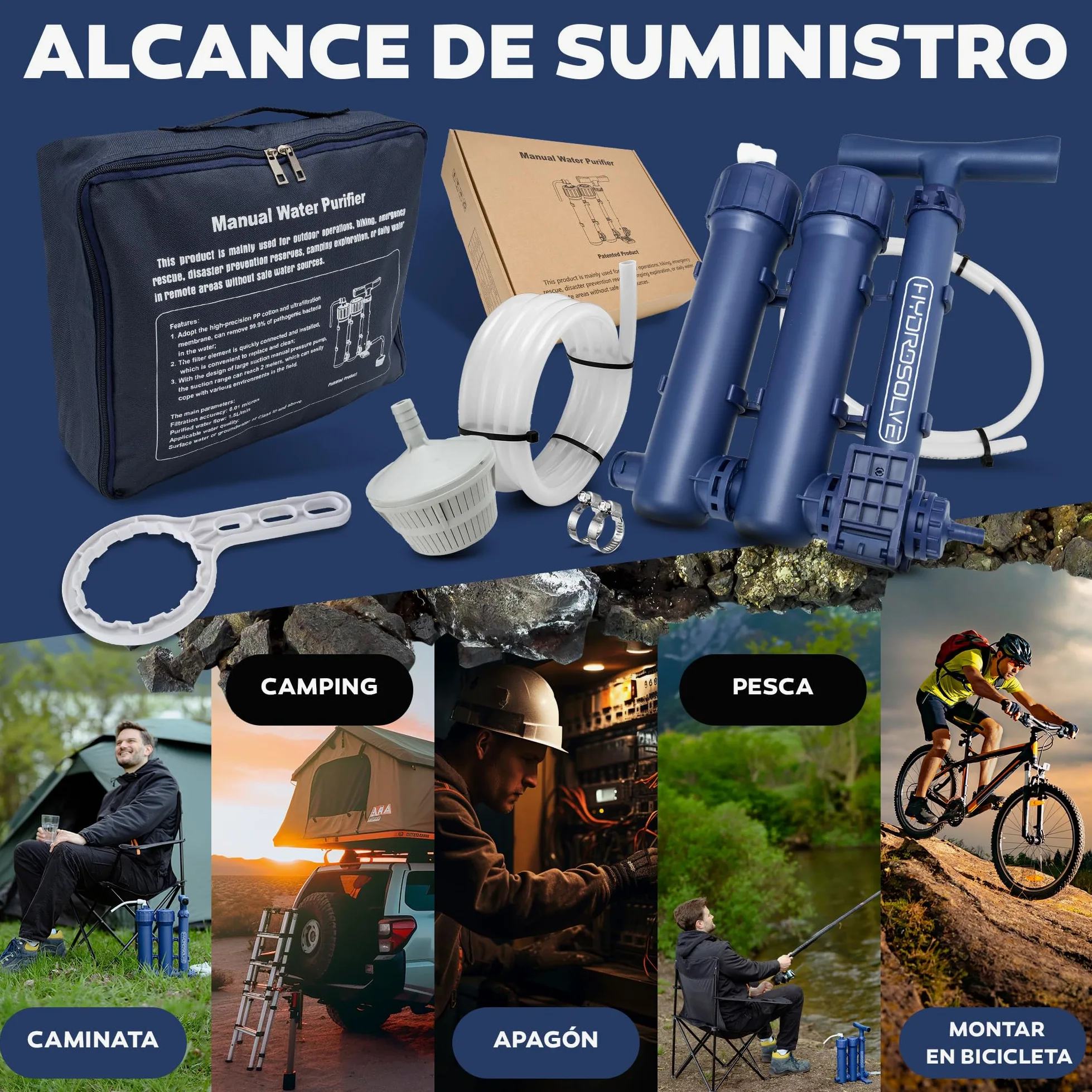 HYDROSOLVE - Filtro de agua portátil para exteriores, sistema de tratamiento de agua de emergencia con bomba de mano, filtración para senderismo y camping (filtro de agua)