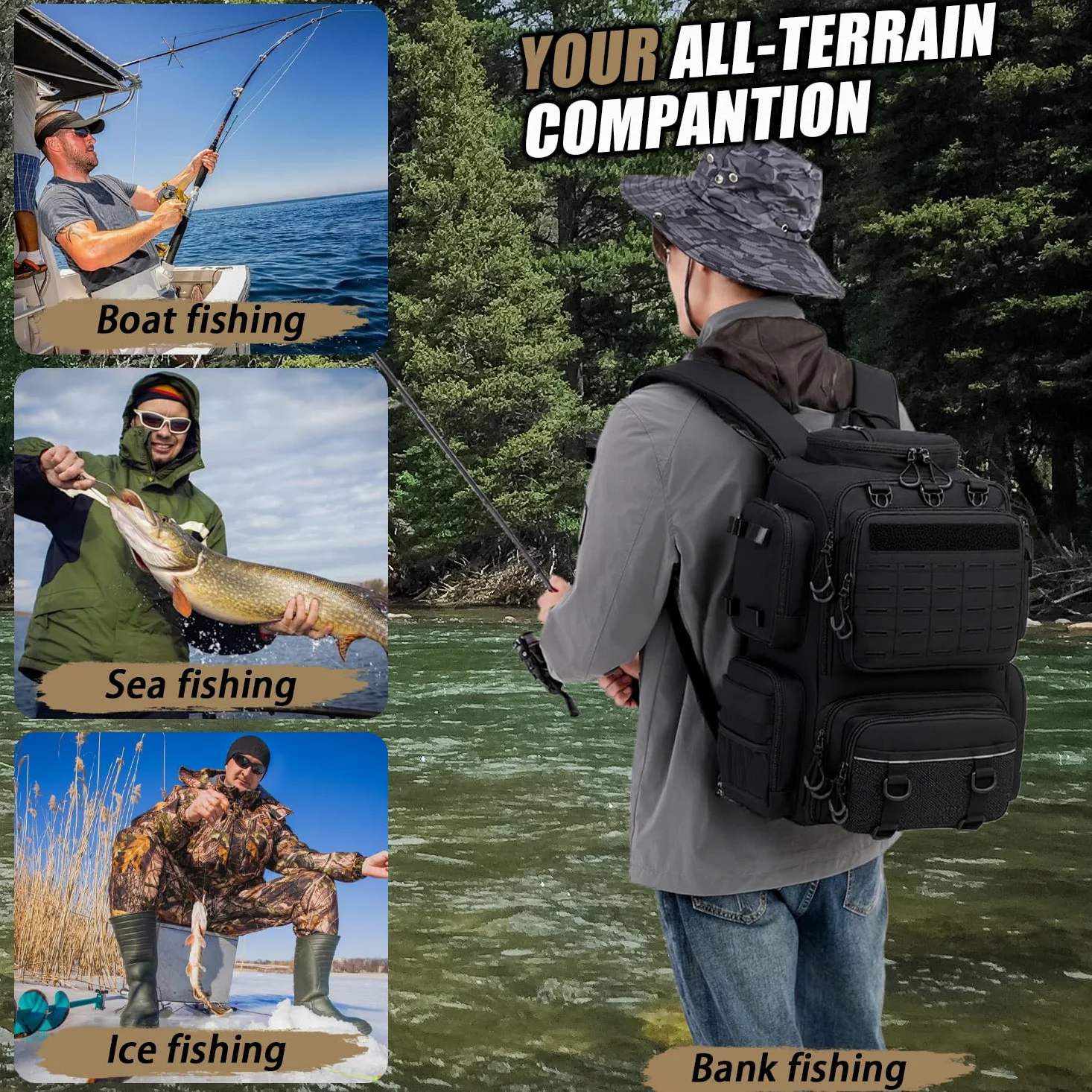 Mochila de Pesca de 50L con Soporte & Compartimento de Congelación para Cañas de Pescar, Resistente al Agua, táctico Mochila para Equipo de Pesca (Negro con 4 Cajas)