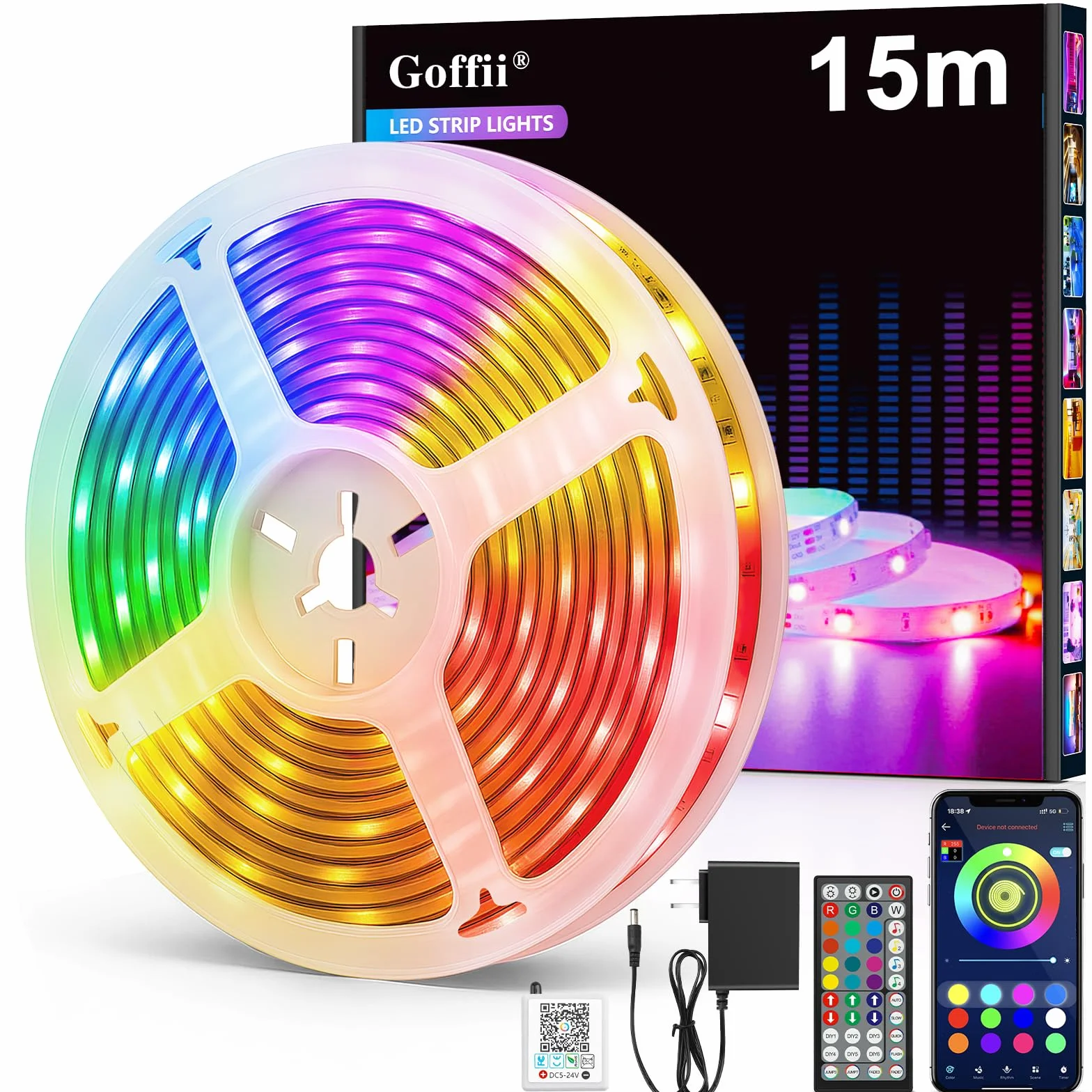 Goffii Tira LED 15 Metros, Luces LED Habitacion RGB Bluetooth con Control Remoto y APP, Cambia Color con Musica para Decoracion