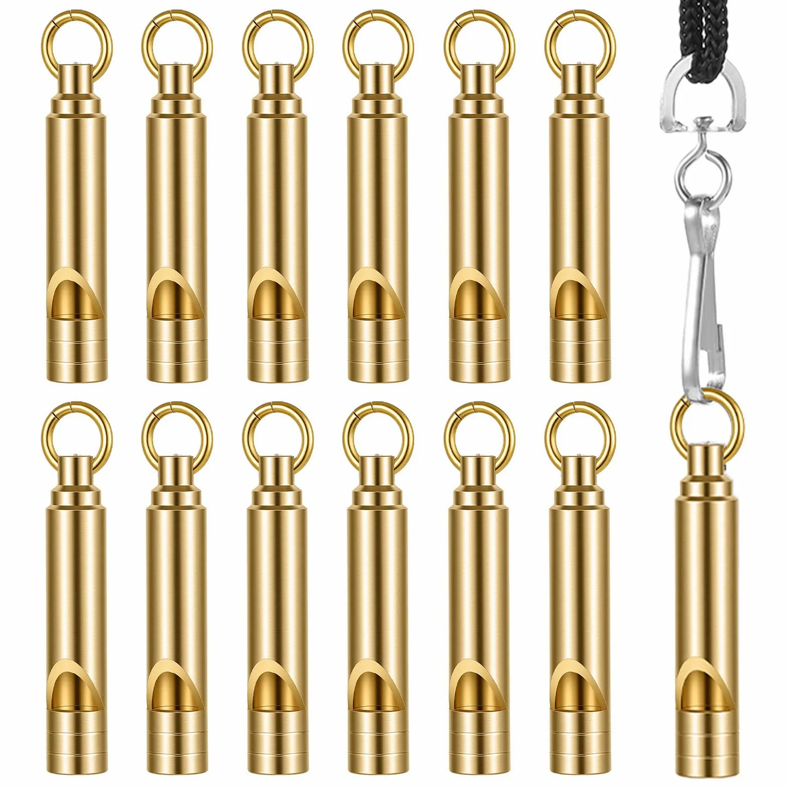 Paquete de 12 silbatos de emergencia de latón con cordón sin enredos, silbato de seguridad sin pealess, explosión fuerte para kayak, chaleco salvavidas, canotaje, camping, senderismo, caza, silbato de