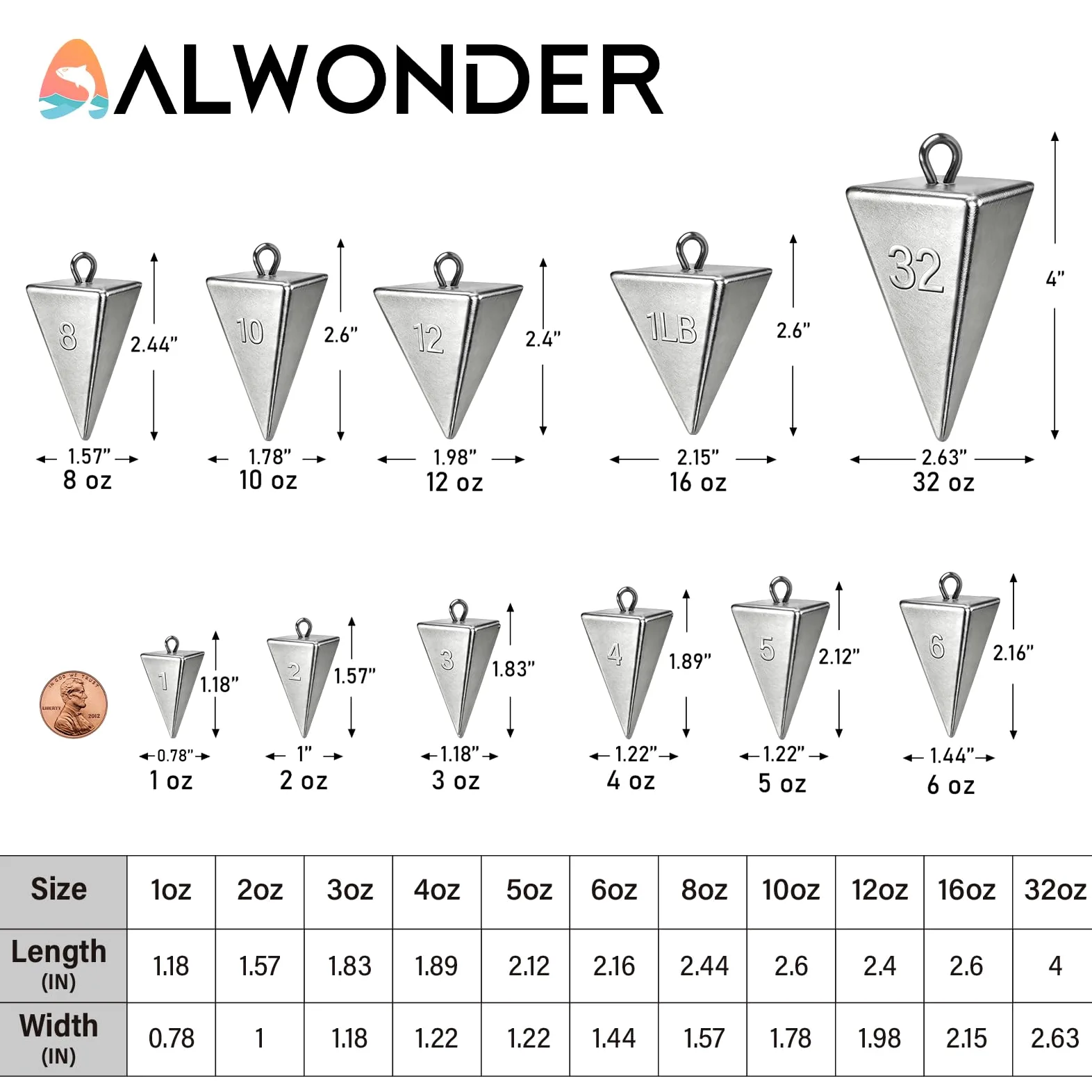 Alwonder Pyramid Sinkers Pesas de pesca, plomos de agua salada, plomo, plomo, para pesca de surf en el océano, equipo de pesca, aparejos de bagre, 1 onza, 1-3/4 onzas, 3 onzas, 4 onzas, 5 onzas, 6