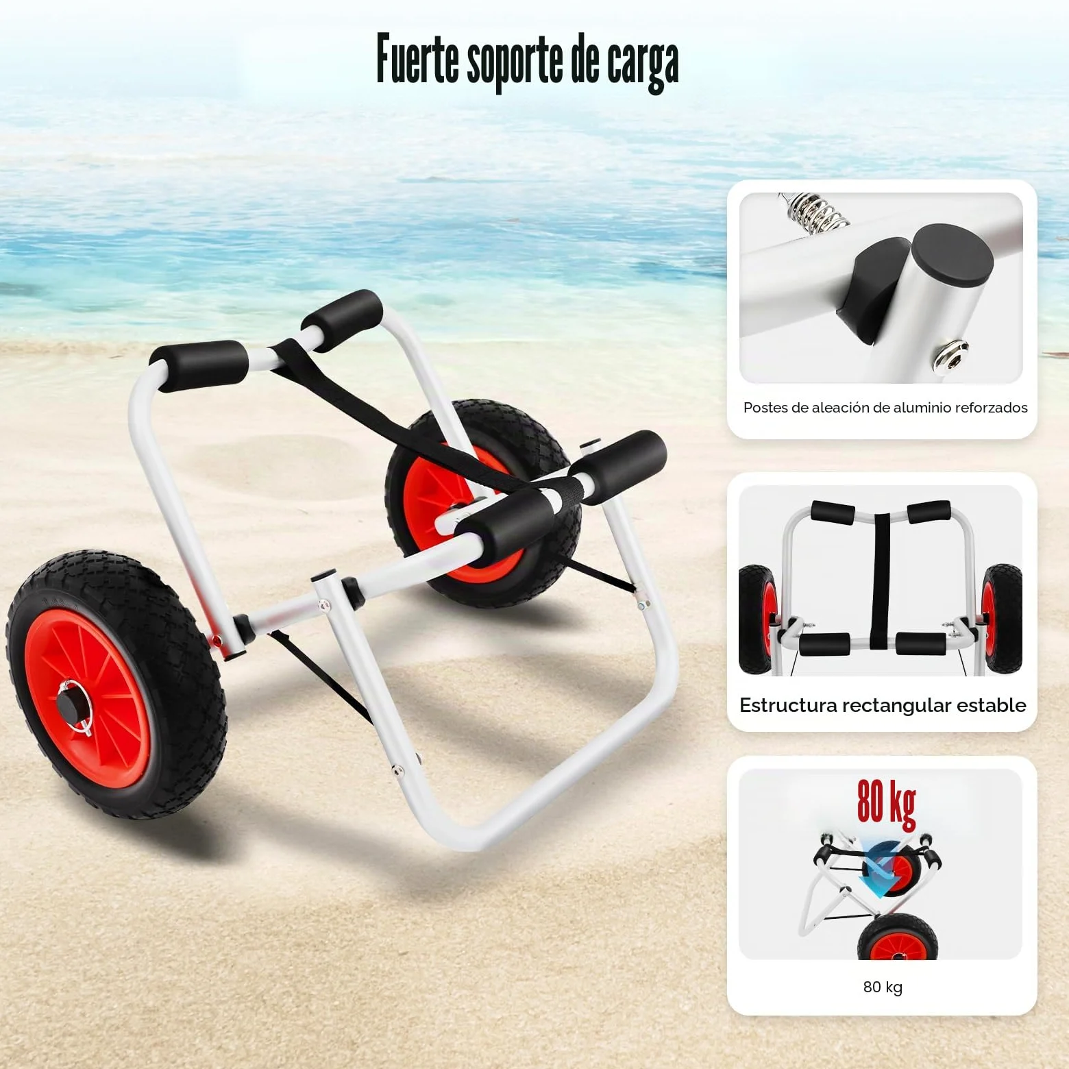 Carro de Kayak Plegable para Canoa, Carro Paddle Surf, Capacidad de Carga de 80 kg, Carro de Transporte de Aluminio para Tabla de Sup, Canoa y Barco, Ruedas de Poliuretano de 10 Pulgadas para
