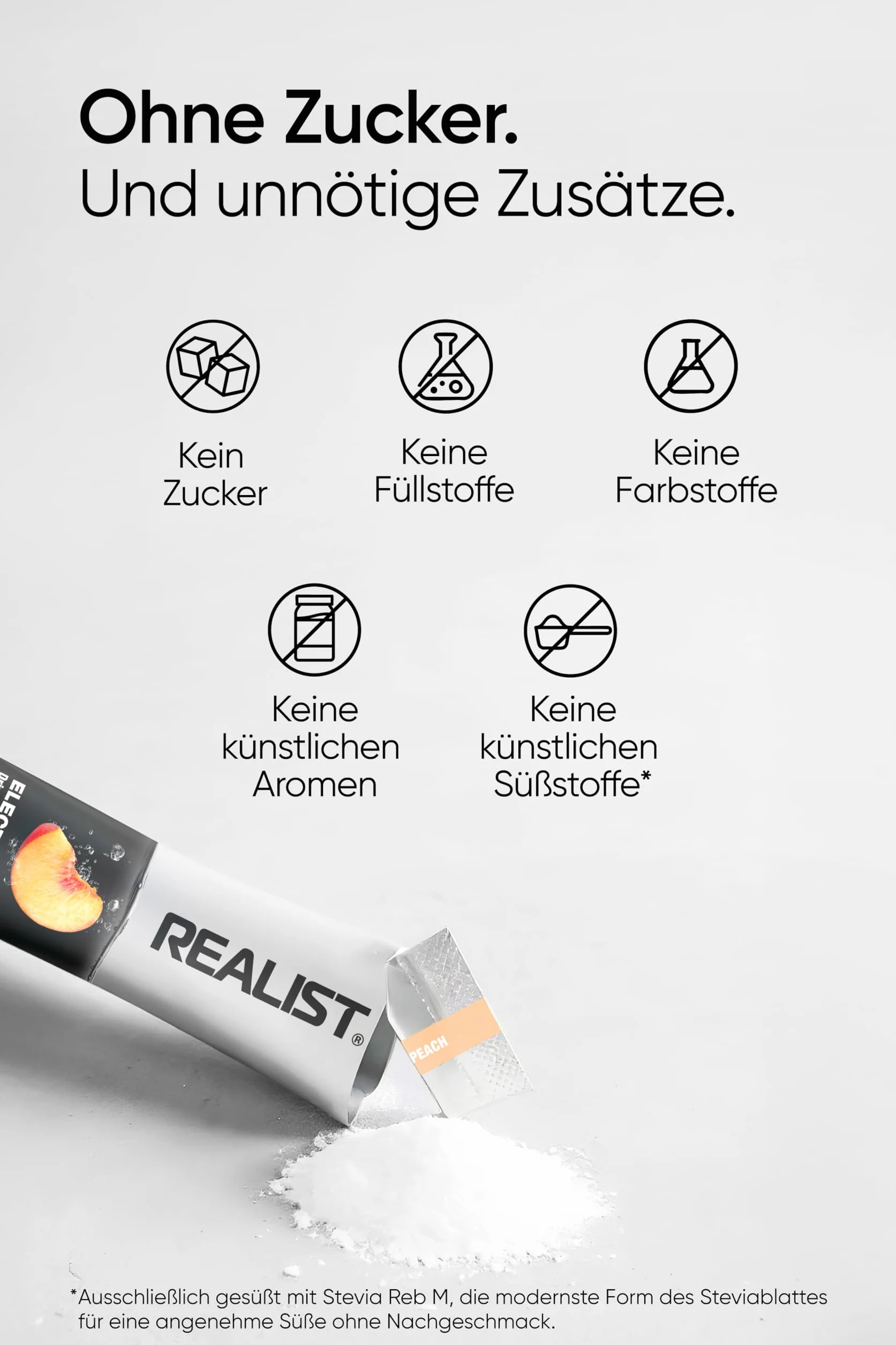 REALIST Electrolitos sin azúcar 30 sticks 1000 mg sodio 330 mg potasio 60 mg magnesio melocotón