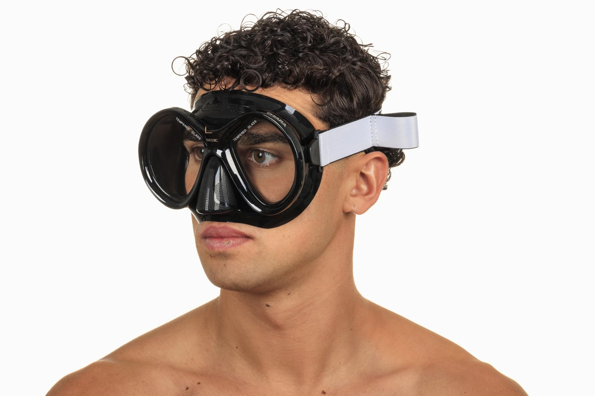 SEAC Chiara Máscara de Lente Doble de Vidrio Templado para Buceo y Snorkeling con Hebilla 3D, con Correa Textil o de Silicona, Unisex Adulto