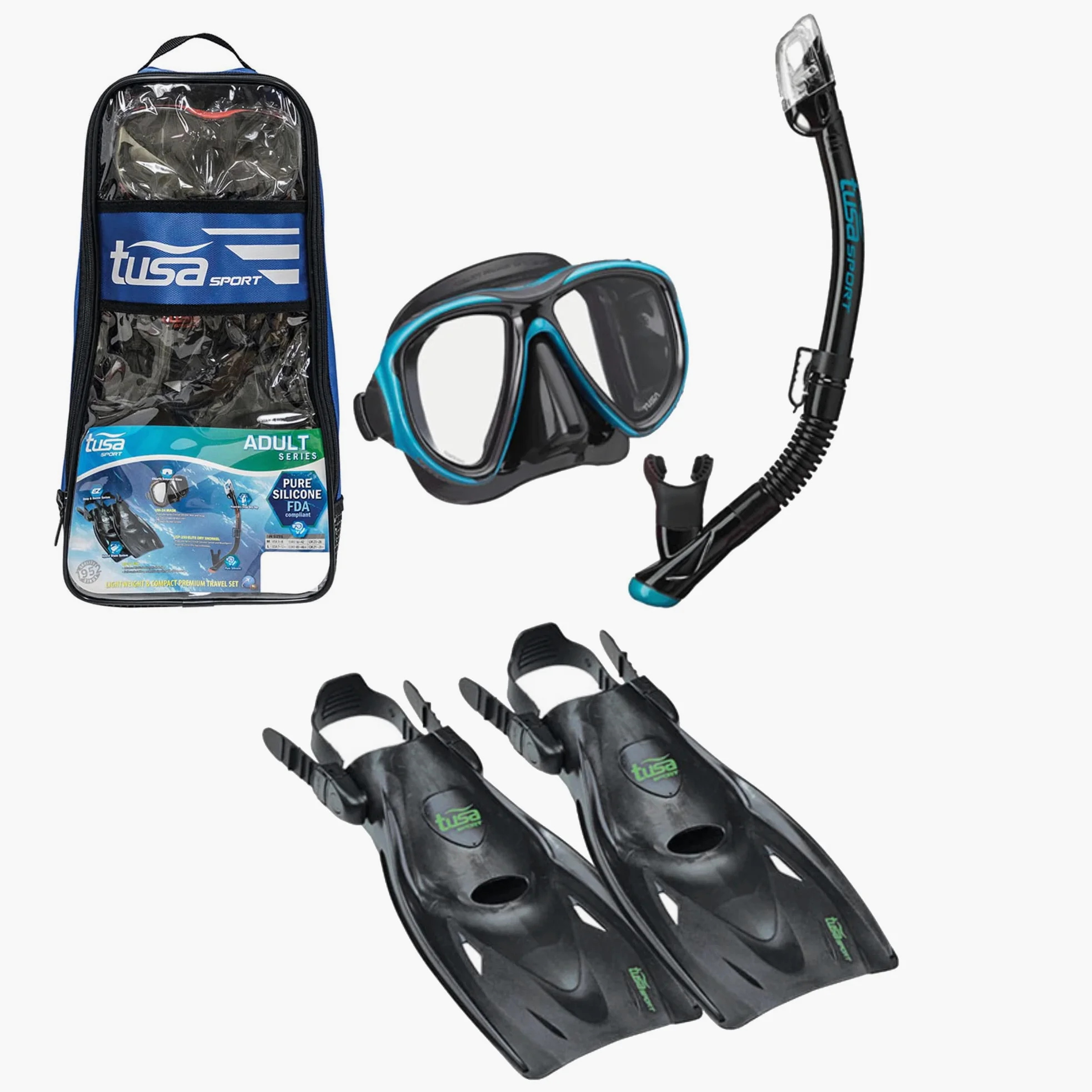 TUSA - Máscara deportiva para adultos, tubo de snorkel seco y aletas - UP-2521B-BKOG-L, Large, Negro (con bolsa reutilizable)/verde océano (con bolsa reutilizable).