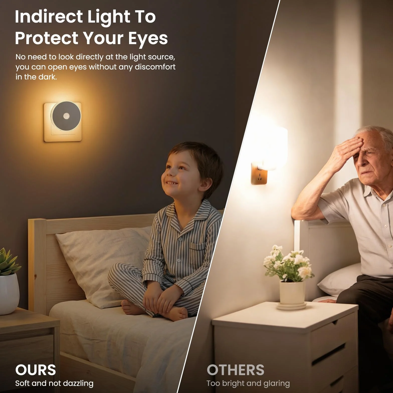 Luz Nocturna Infantil 2 Pcs, LED con Sensor de Movimiento, Enchufable Brillo Ajustable, 3 Modos AUTO/ON/OFF, Blanco Cálido