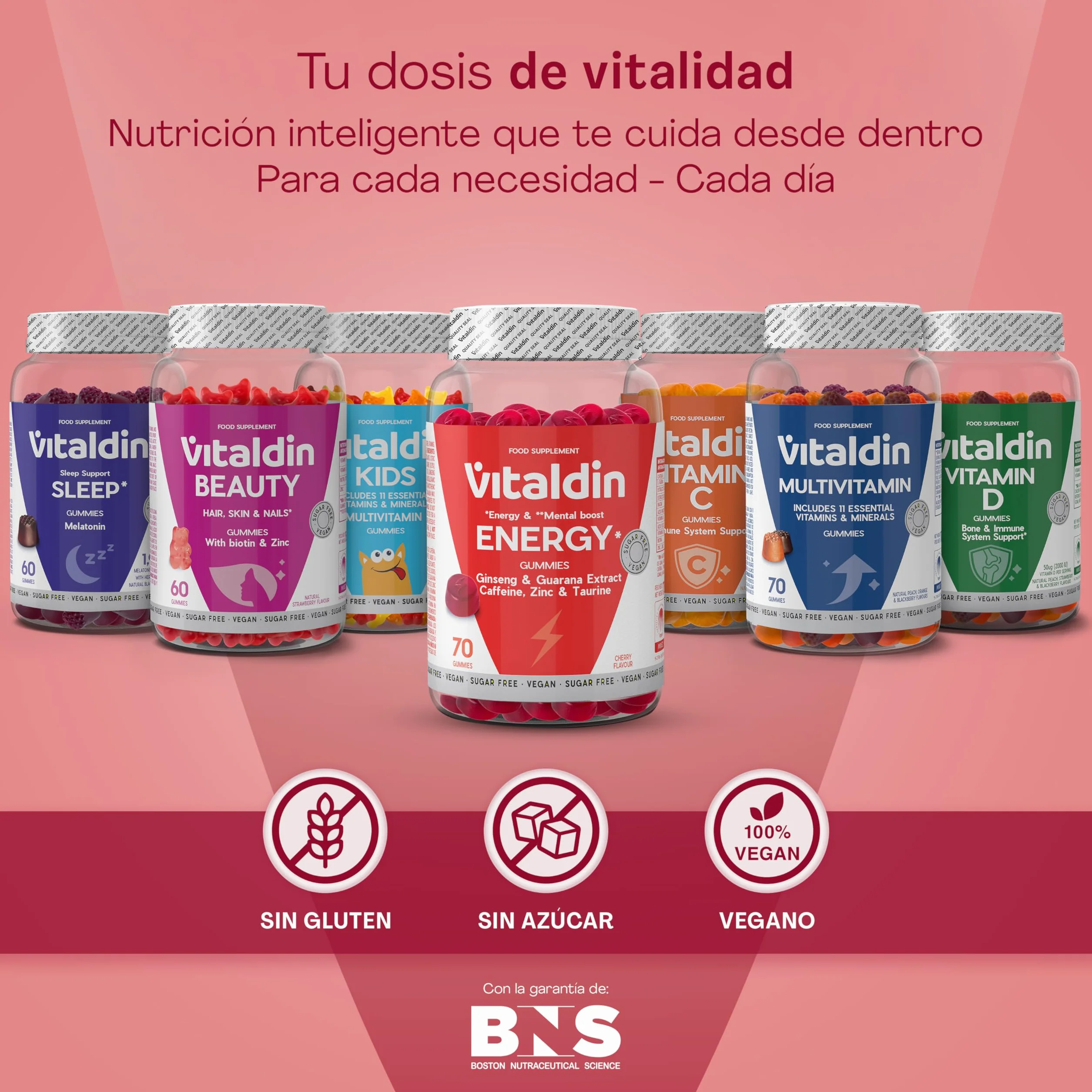 VITALDIN Energy Gummies Veganas Sin Azúcares Añadidos con Ginseng Guaraná Cafeína Taurina Vitaminas B 70 gomas
