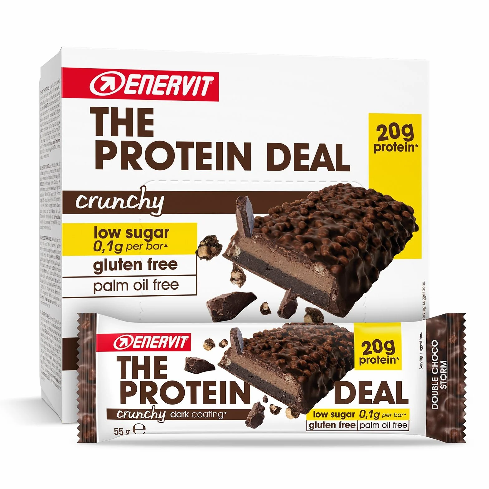 Enervit The Protein Deal Crunchy Double Choco Storm Barritas Proteicas Chocolate Negro 20g Proteínas 0,1g Azúcares Sin Gluten 12x55g