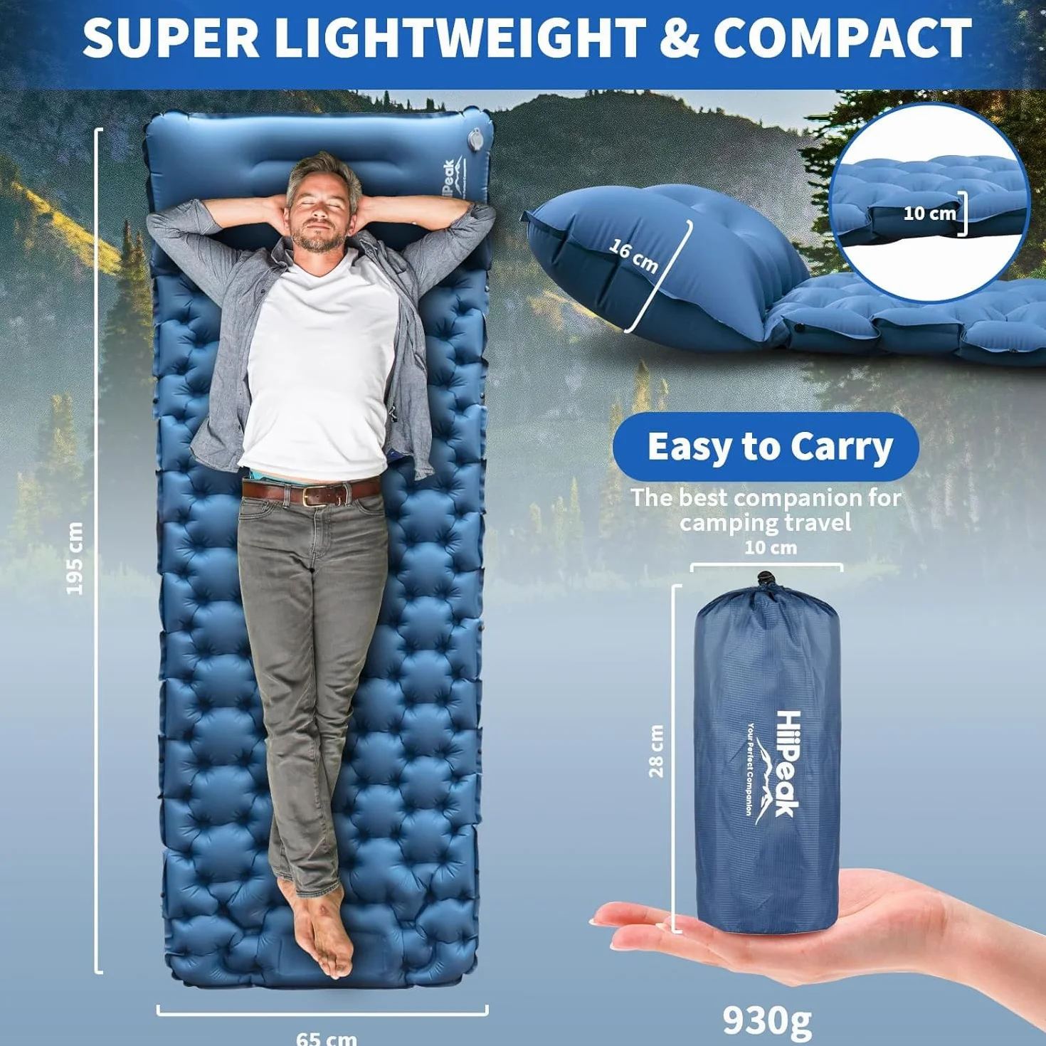 HiiPeak Esterilla portátil Inflable con Almohada y Bomba de pie, Colchoneta Camping de Dormir para Senderismo Ultraligero en Azul para Camping, Viajes y Senderismo