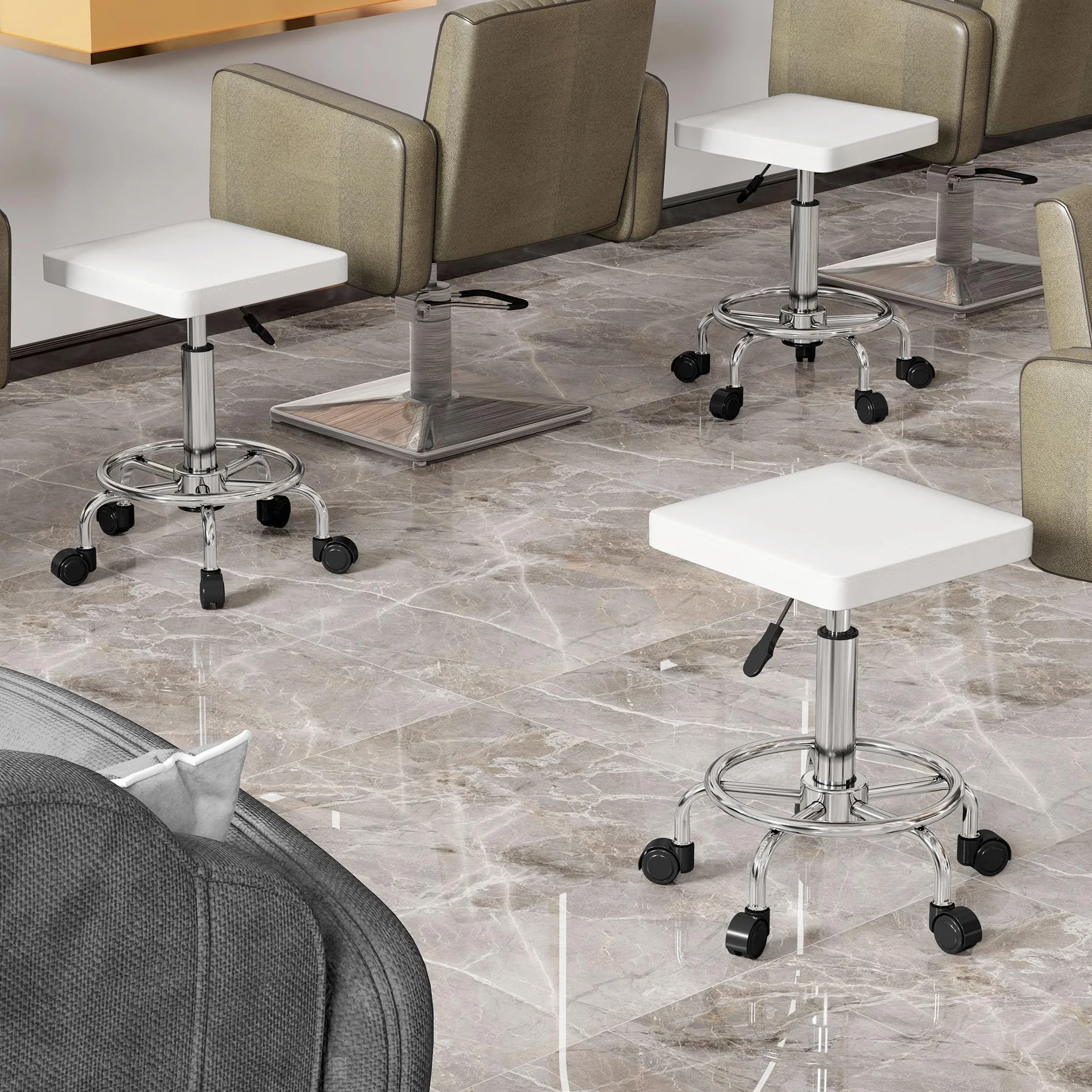 HOMCOM Taburete Giratorio con Ruedas Altura Regulable 50-66 cm Asiento Tapizado Cuero Sintético Blanco