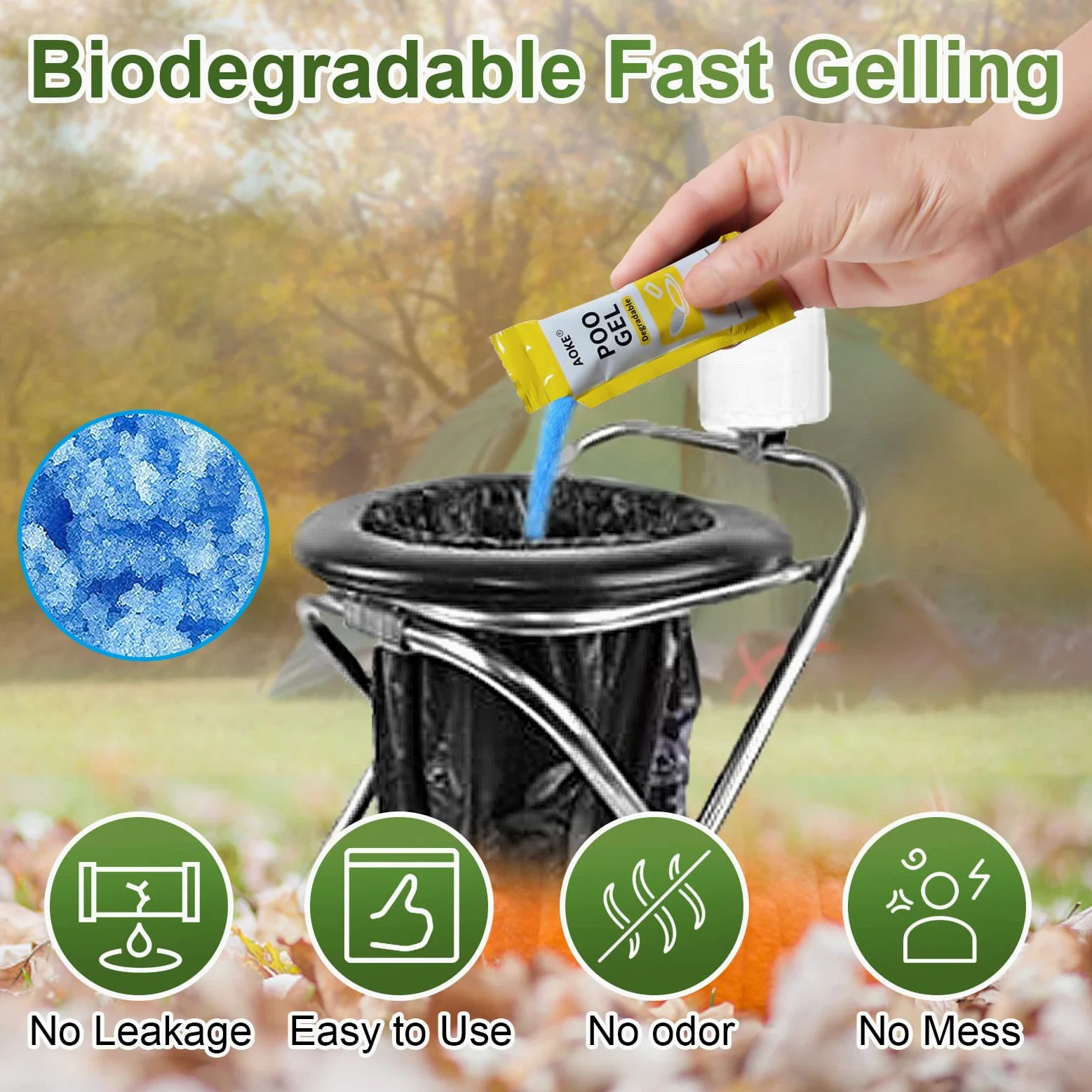 AOKE Polvo de Inodoro portátil, Paquete de 60 Unidades de Gel de Caca para Camping, Gel Absorbente ecológico, Polvo de gelificación de residuos líquidos y desodorizante, Tratamiento de residuos de