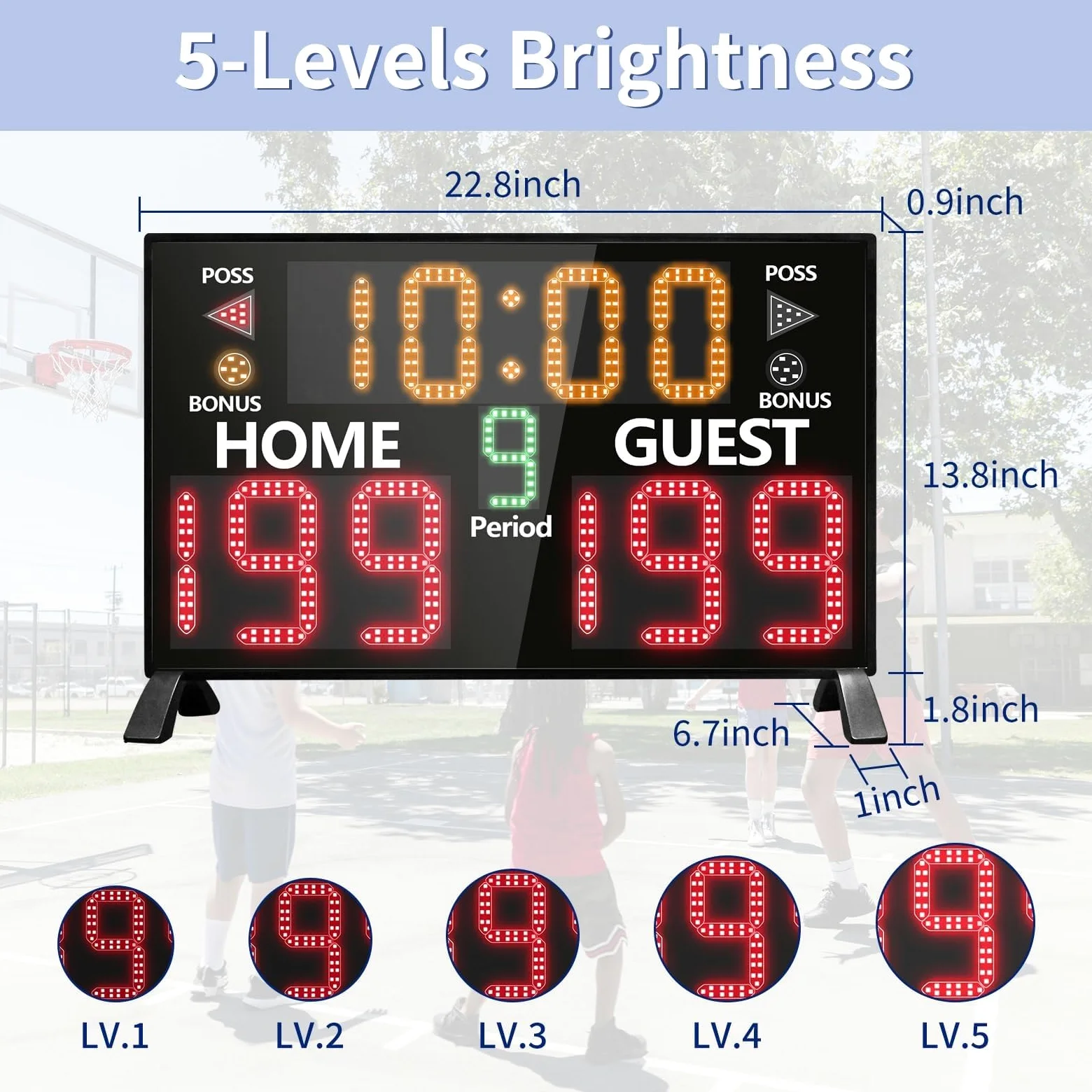 Marcador digital LED de baloncesto con control remoto, montado en mesa o pared, reloj temporizador, función de zumbador, 5 niveles de brillo