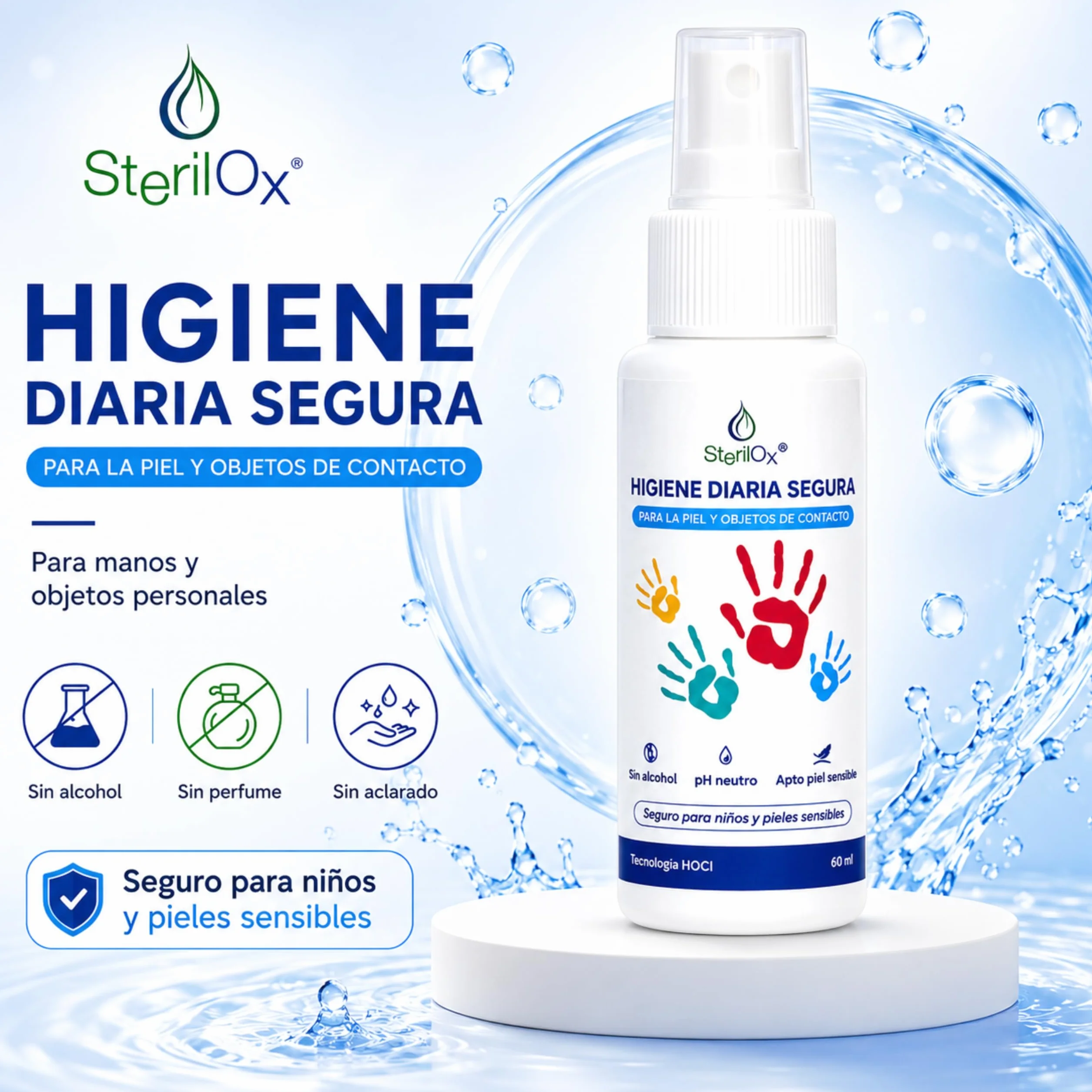 Spray Cosmético Antiseptico 60 ml con Ácido Hipocloroso, Sin Alcohol, Sin Perfume, Seguro para Niños y Mascotas