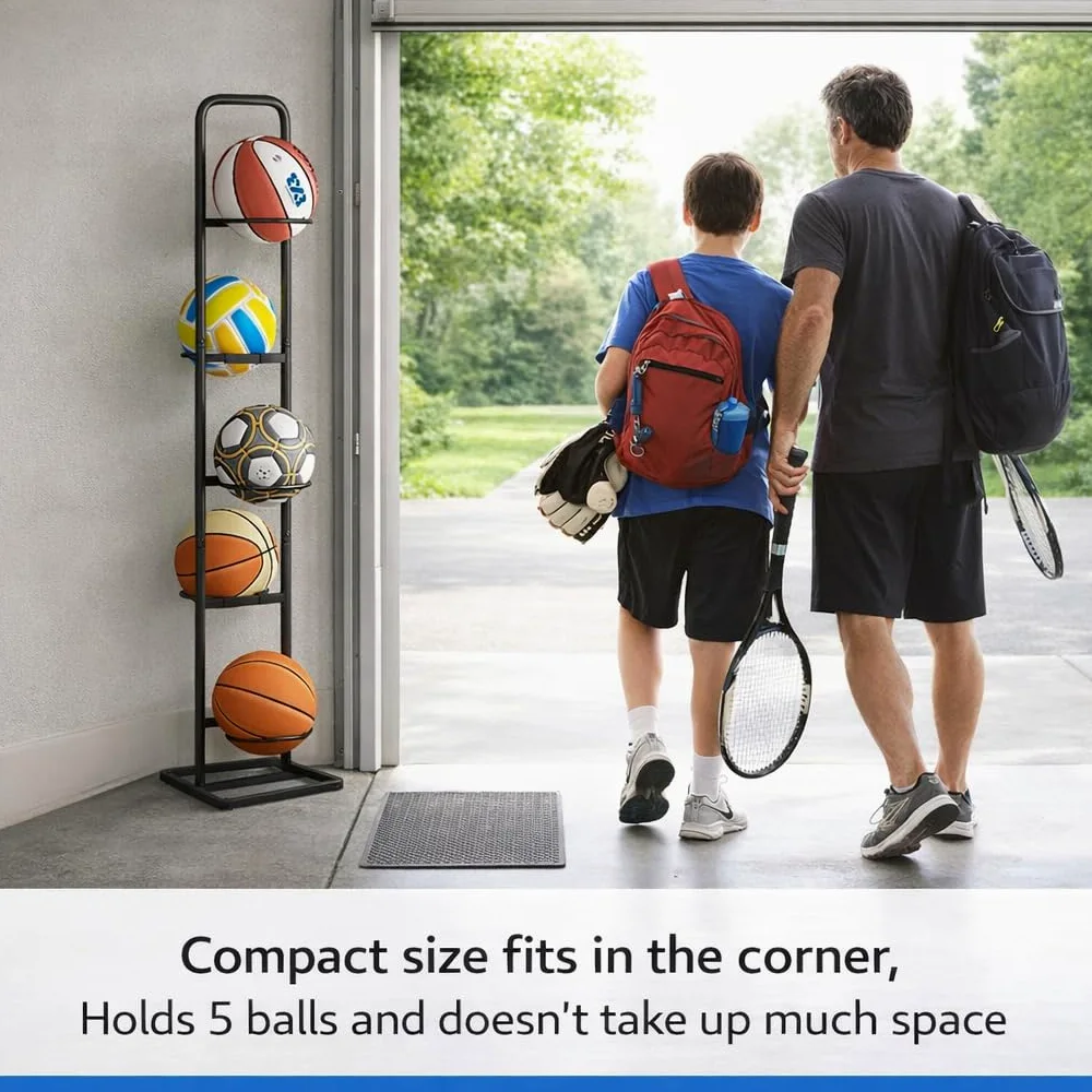 Soporte para Balones – Estante Vertical Universal de 5 Niveles en Acero al Carbono para Baloncesto, Fútbol, Rugby y Voleibol – Altura 144 cm, Negro