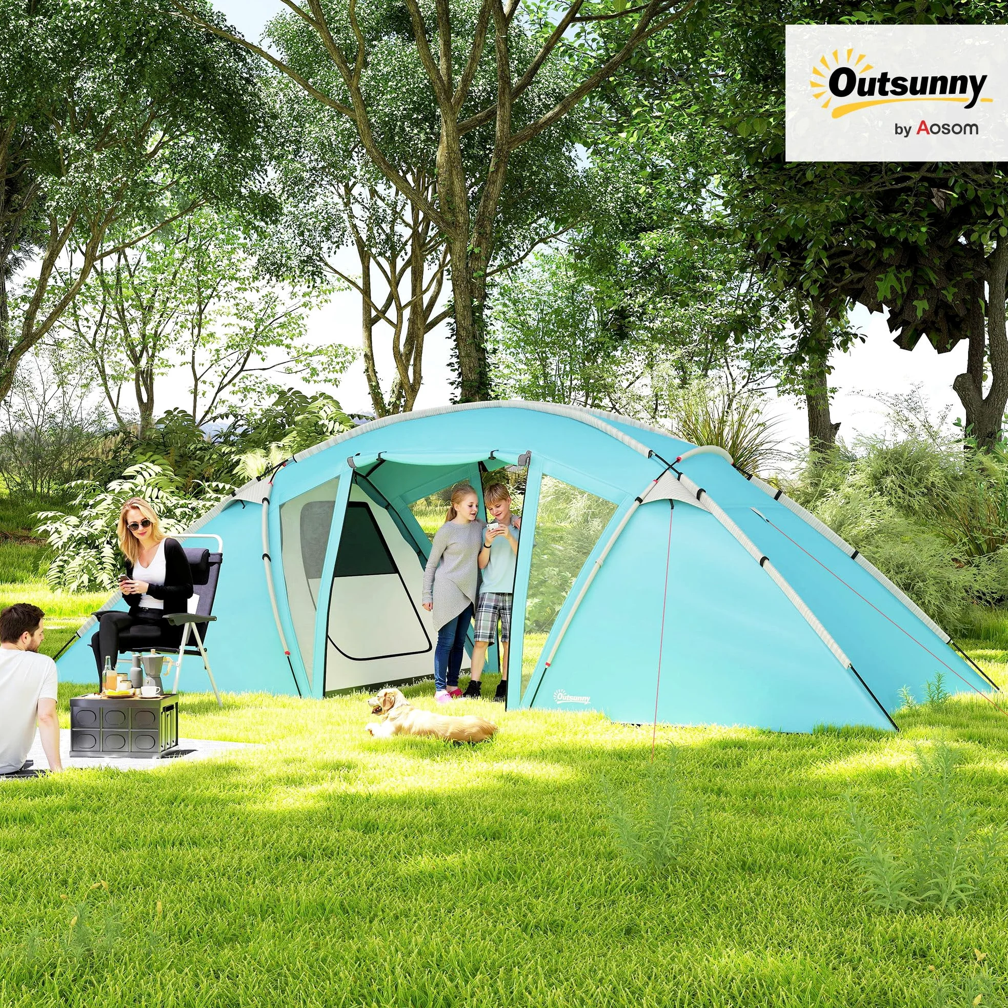 Outsunny Tienda de campaña Familiar para 4 a 6 Personas con 2 dormitorios y una Sala de Estar, Tienda de campaña Impermeable con Lona de Suelo Cosida, Puertas, Ventanas, Bolsa de Transporte