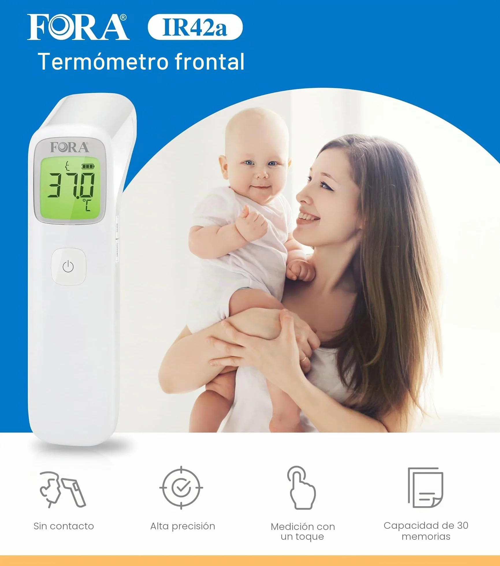 FORA IR42 Termómetro infrarrojo de frente sin contacto para fiebre, medición inmediata y precisa, indicador LED
