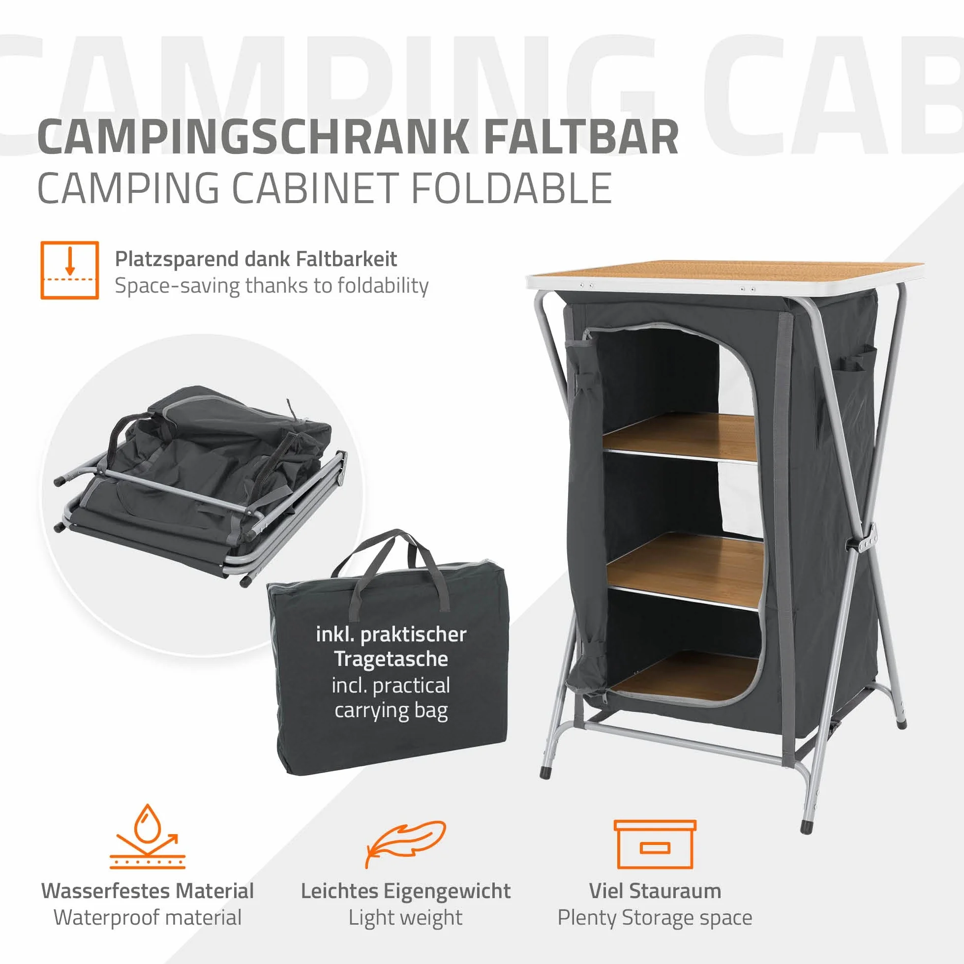 ECD Germany Armario de camping plegable, color gris y madera, 64 x 97,5 cm, con estructura de aluminio, caja de cocina portátil con encimera, 2/3 estantes y bolsa de transporte, armario plegable de tela