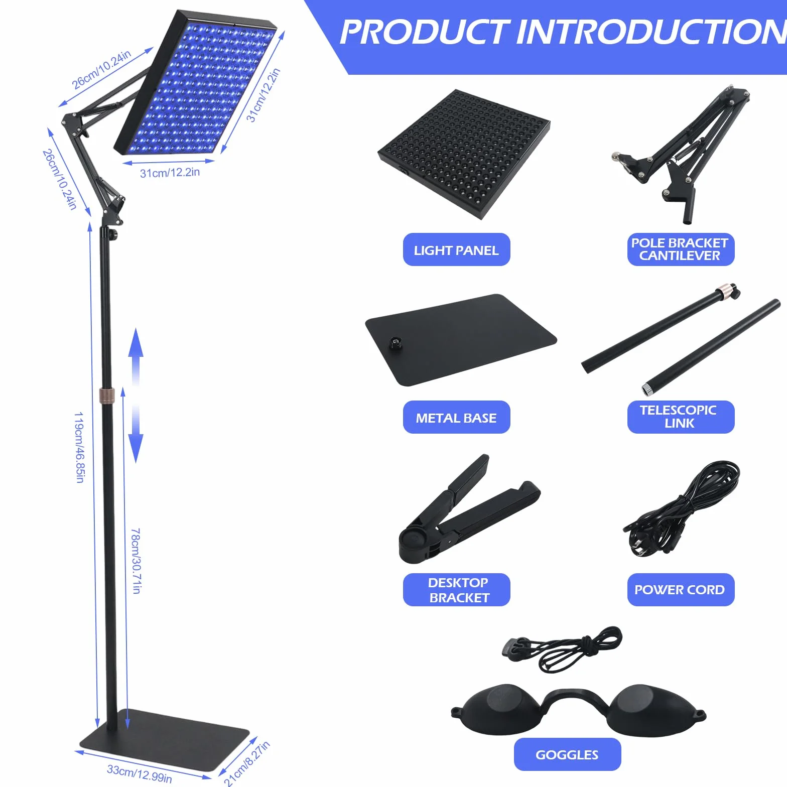 Lámpara Bronceadora 45W 460nm 225 LEDs Facial y Cuerpo con Soporte Ajustable