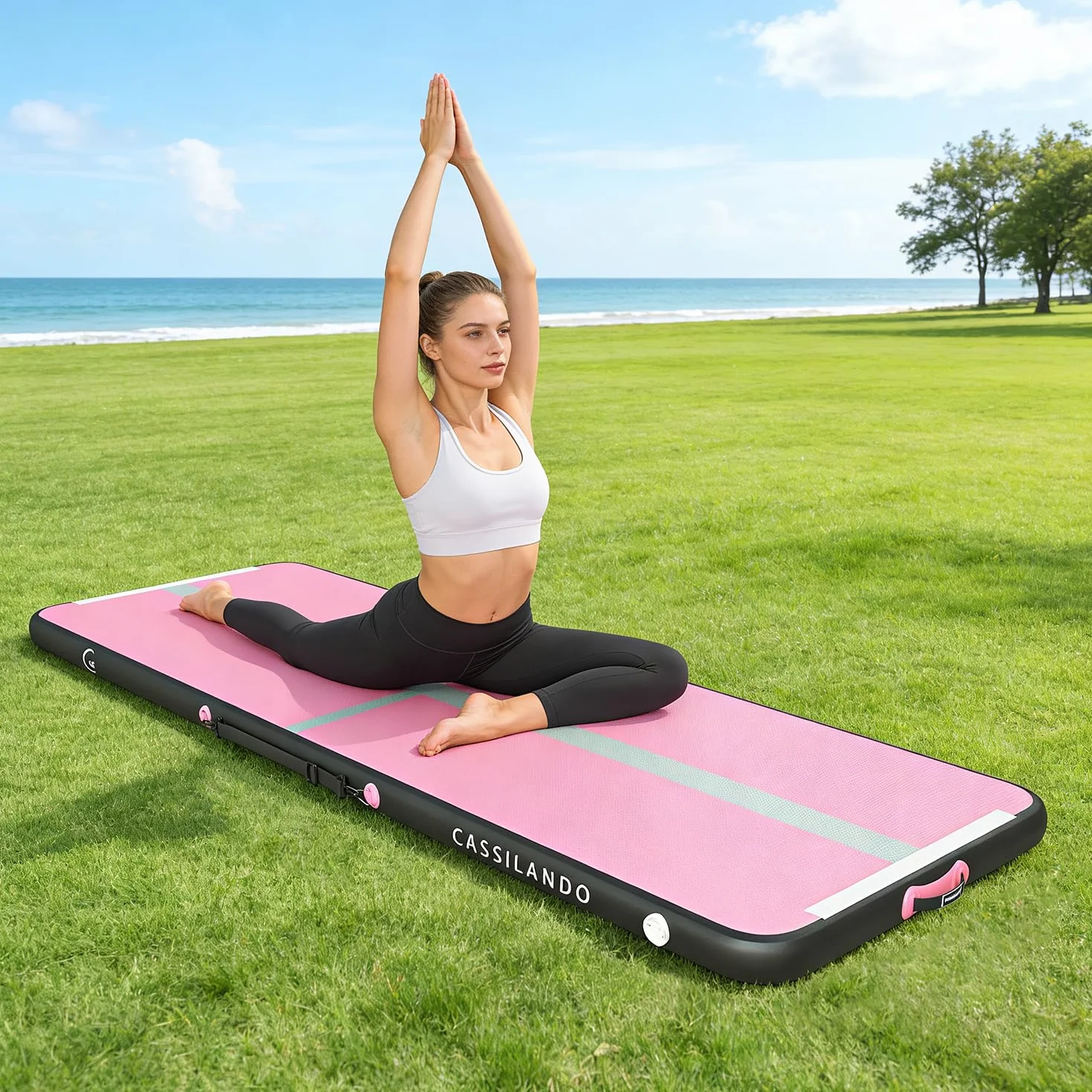 Colchoneta inflable de gimnasia de aire de 10 pies, 13 pies, 16 pies, tapete de entrenamiento de 4 pulgadas de grosor con bomba eléctrica para uso doméstico/gimnasio/yoga/entrenamiento al