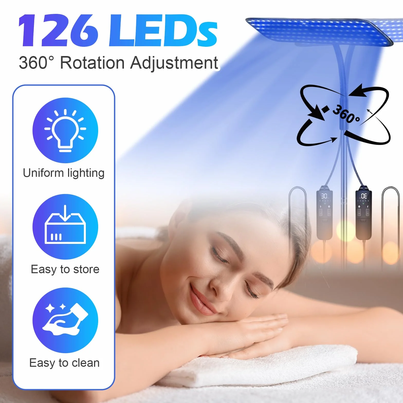 Lámpara de bronceado facial 126 LED 25W 460nm 490nm con soporte ajustable y temporizador