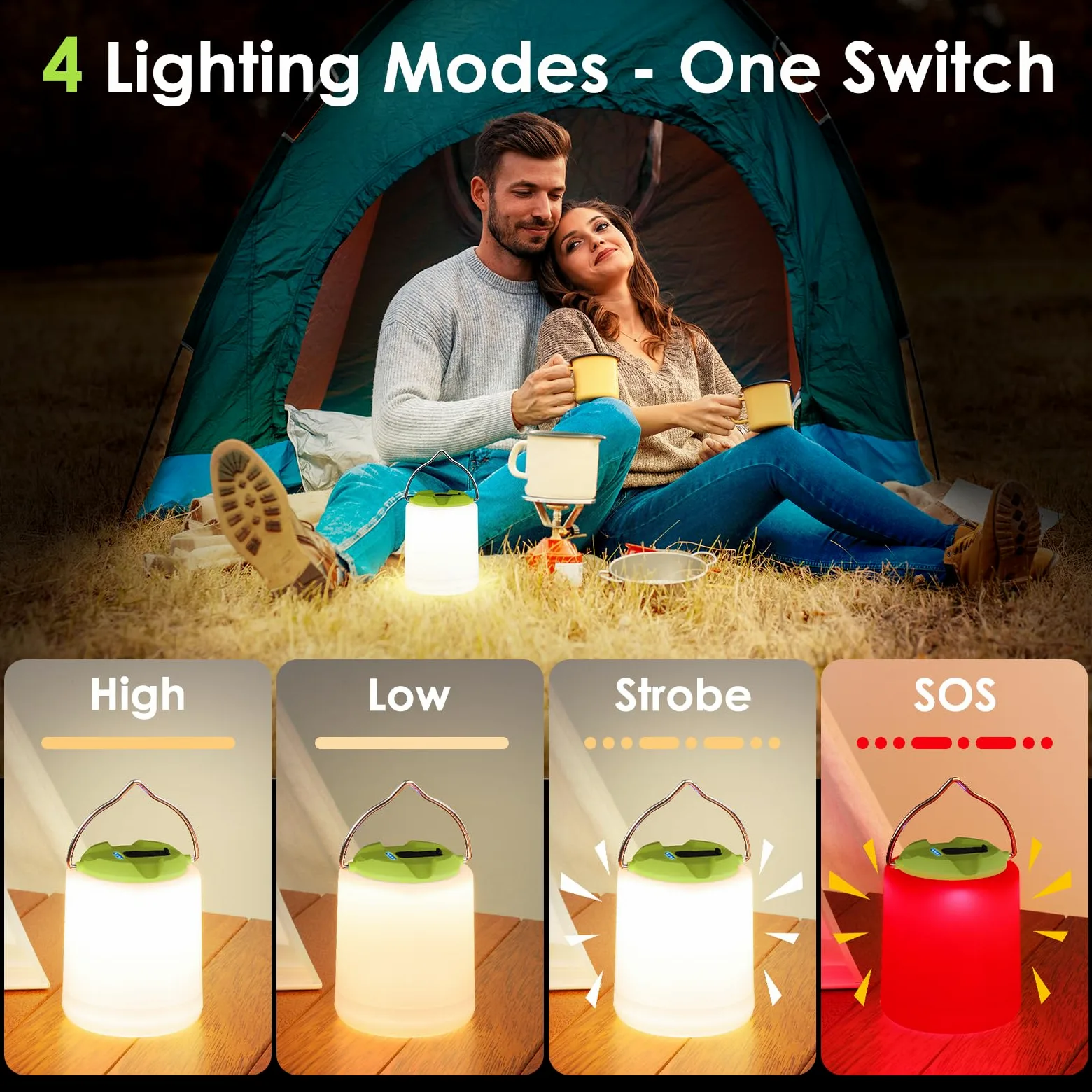 BOBKID Linterna LED de camping, luz de camping recargable, 4 modos, linternas al aire libre con 1000 lm, resistente al agua, luz de campamento de emergencia portátil para huracanes, senderismo, kits