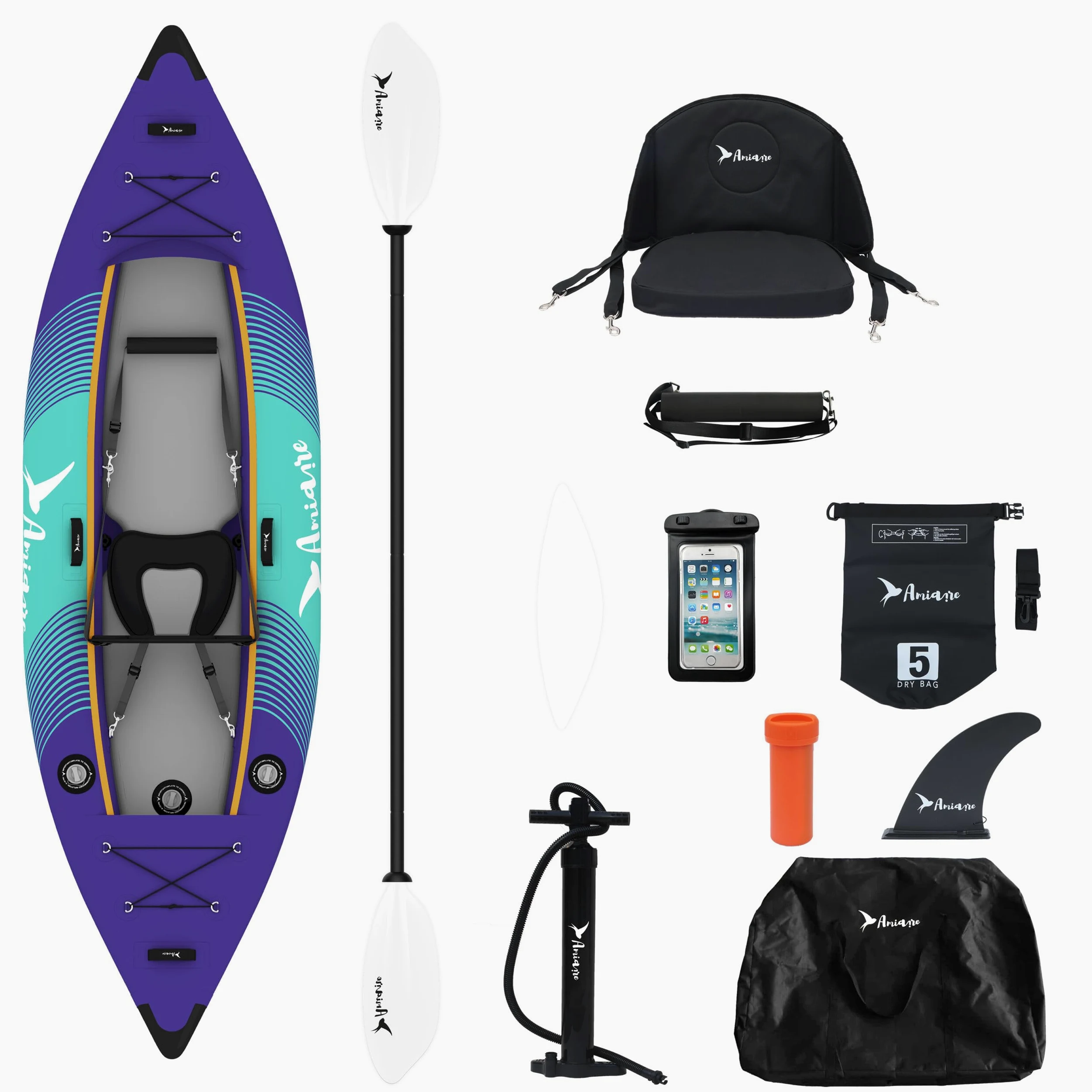 Kayak Hinchable Individual 320 cm Drop Stitch 8 cm – Pack Completo con Remo, Bomba, Asiento y Quilla | Rígido y Estable, PVC Resistente, Bolsa Transporte, 1 Persona, Lago Río y Mar