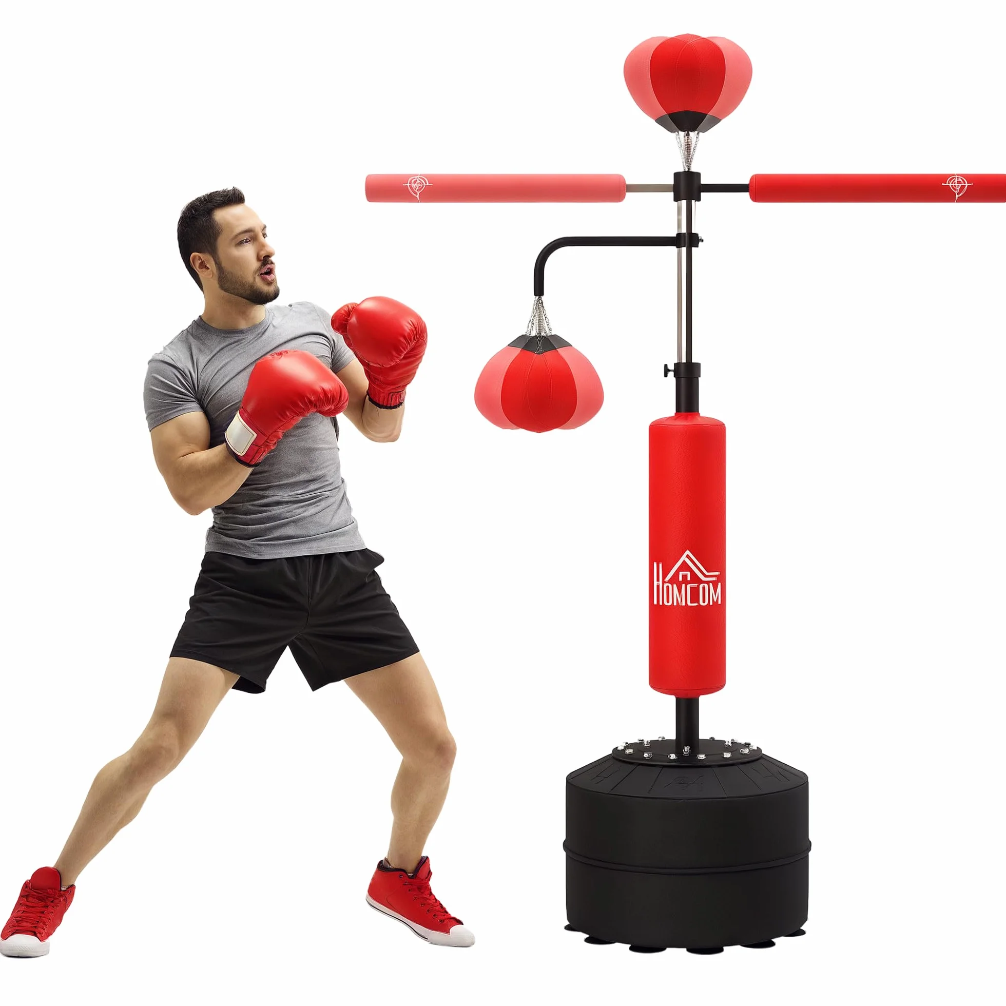 HOMCOM Saco de Boxeo de Pie 160-230 cm 360° Barra Giratoria 2 Bolas de Velocidad Base Rellenable Punching Ball Adultos Niños MMA Muay Thai
