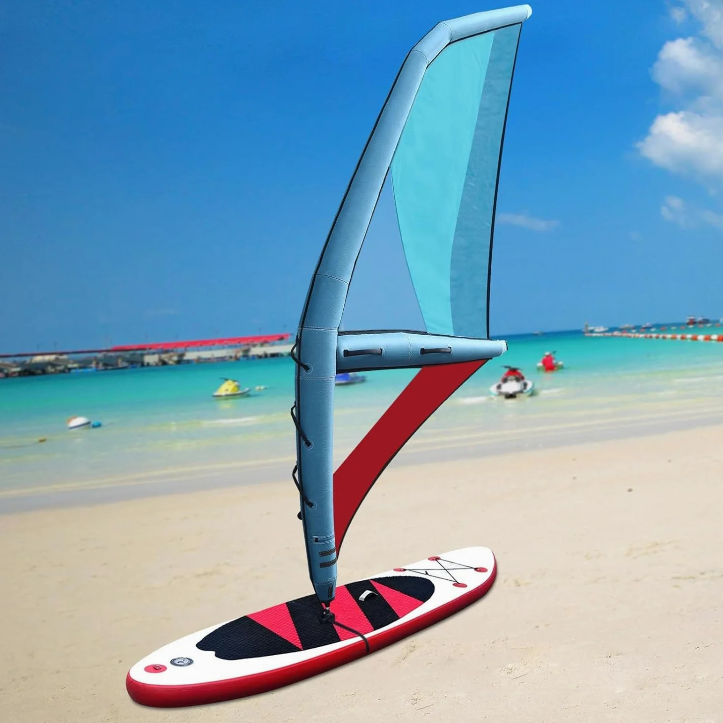 Vela Hinchable para Tabla De Paddle Surf con Rotación De 360°, Ideal para Windsurf, Superficie De Vela De 45,21 Pies², Azul Y Rojo, Diseño Duradero Y Portátil para Un Uso Sencillo.