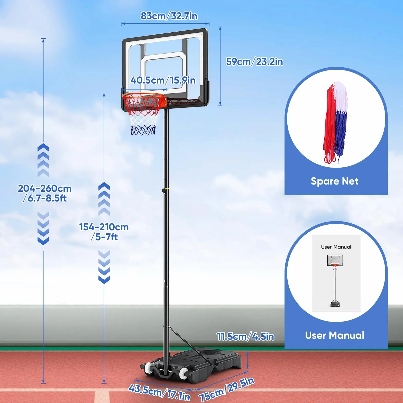 Canasta de Baloncesto, Altura de la Canasta de 128 a 305 cm, Soporte de Baloncesto con Tablero de 111x72cm, Adecuada para Adultos y niños